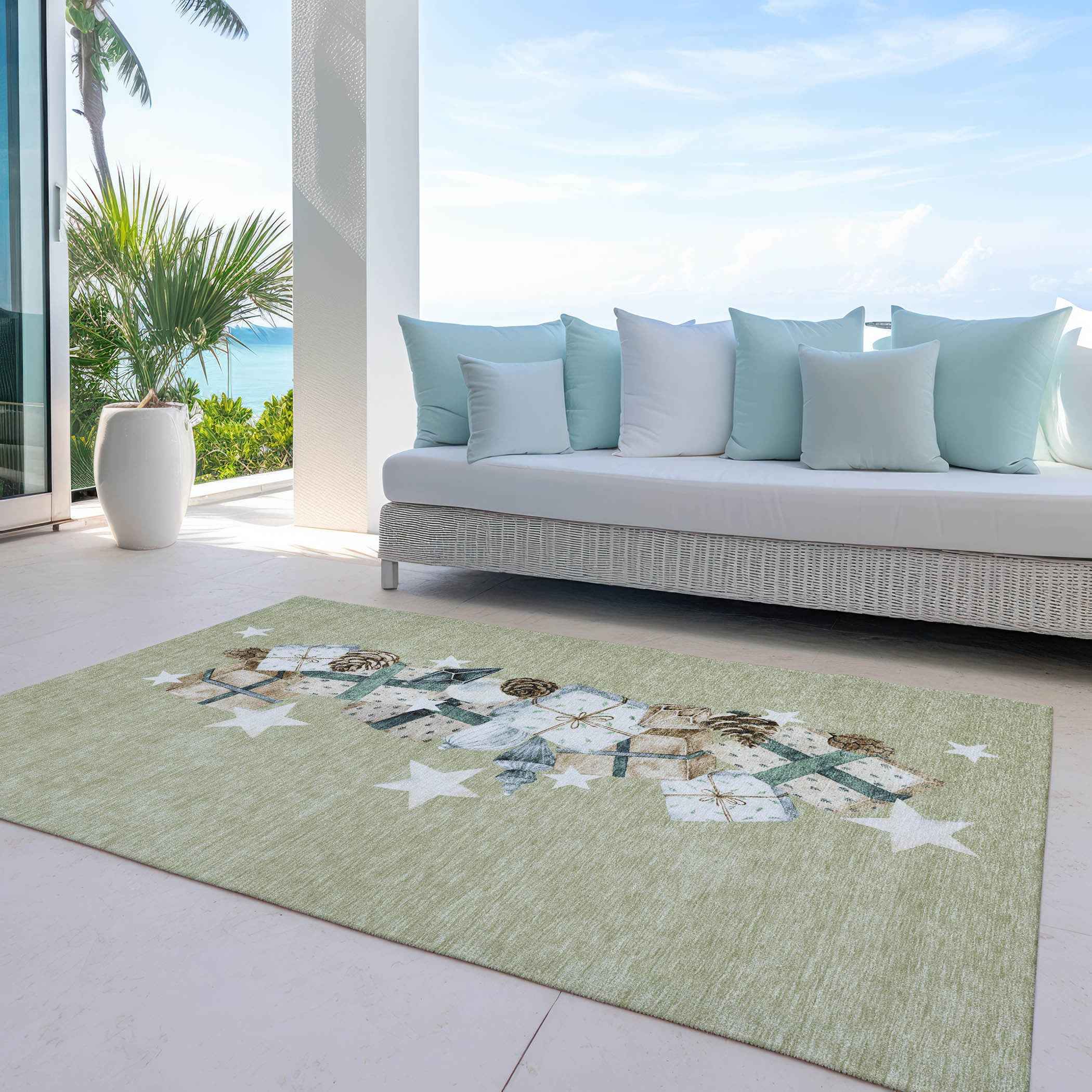 10' X 14' Artichoke Green Beige Ivory And Taupe Geometric Washable Indoor Outdoor Area Rug