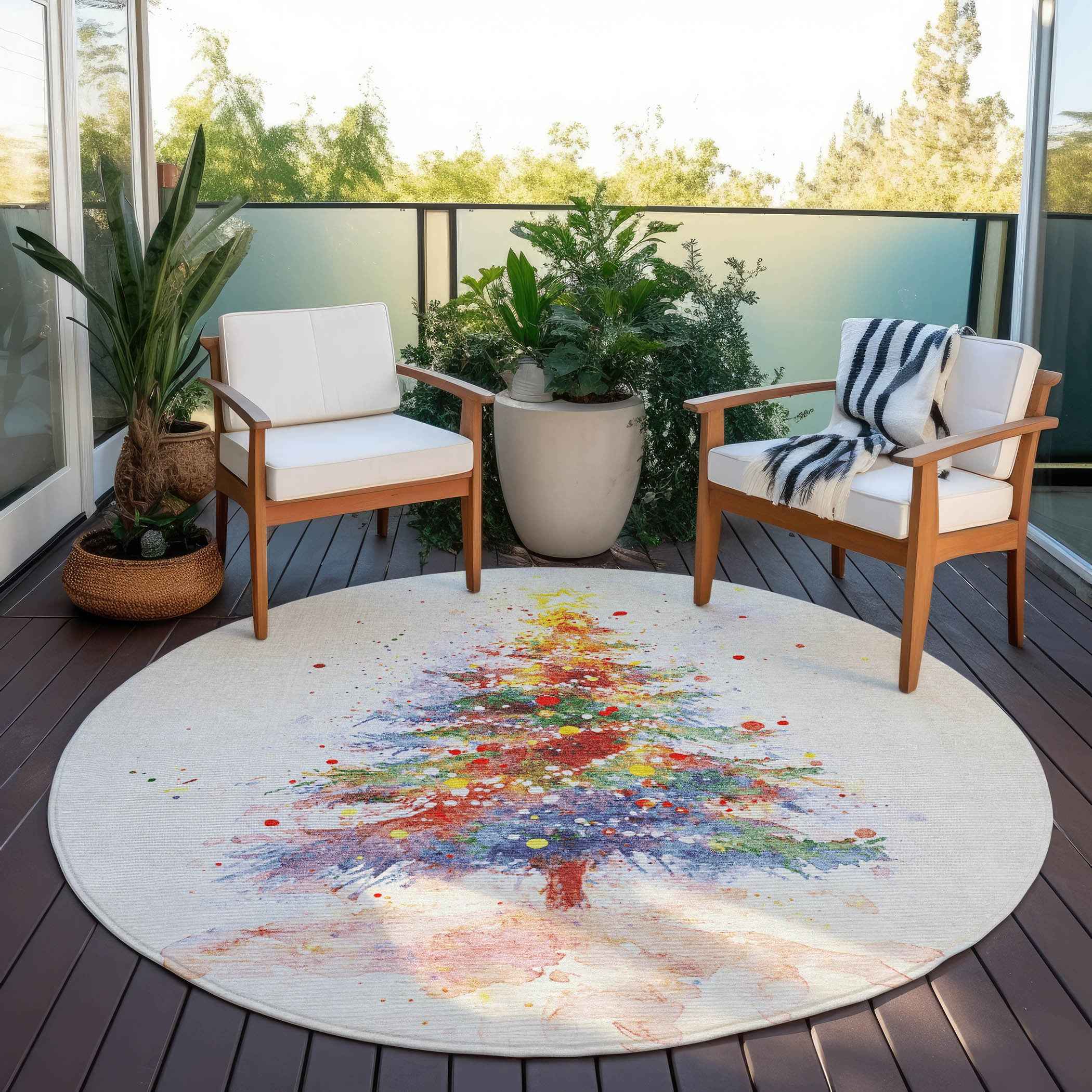 8' Ivory Green Purple Yellow And Blush Round Abstract Washable Indoor Outdoor Area Rug