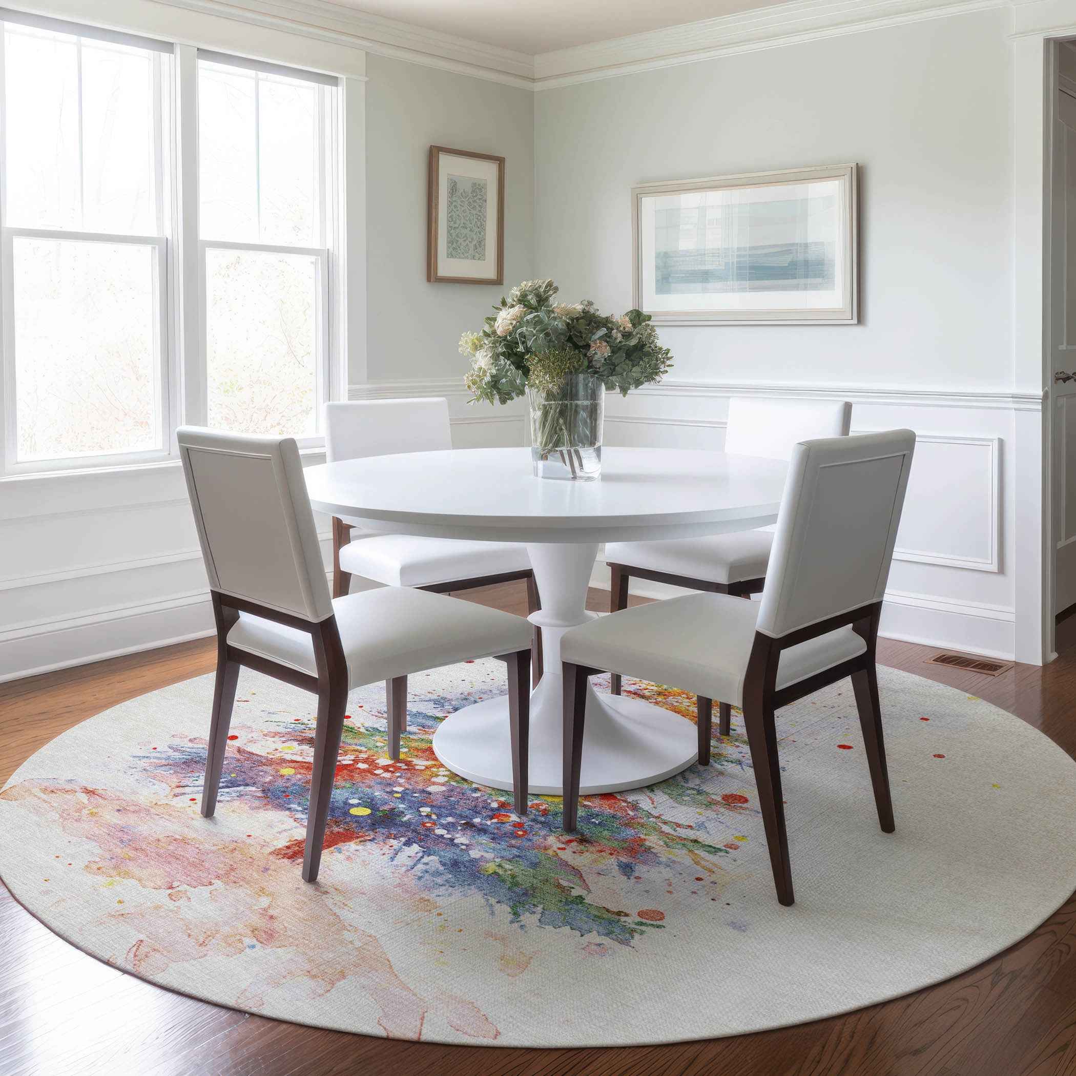 8' Ivory Green Purple Yellow And Blush Round Abstract Washable Indoor Outdoor Area Rug