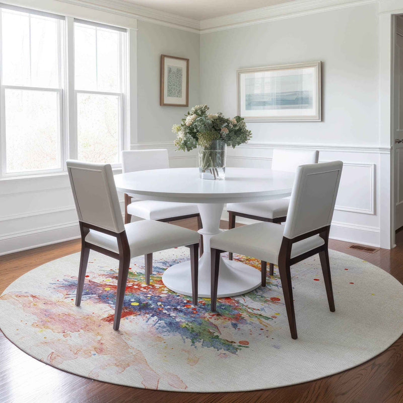 8' Ivory Green Purple Yellow And Blush Round Abstract Washable Indoor Outdoor Area Rug