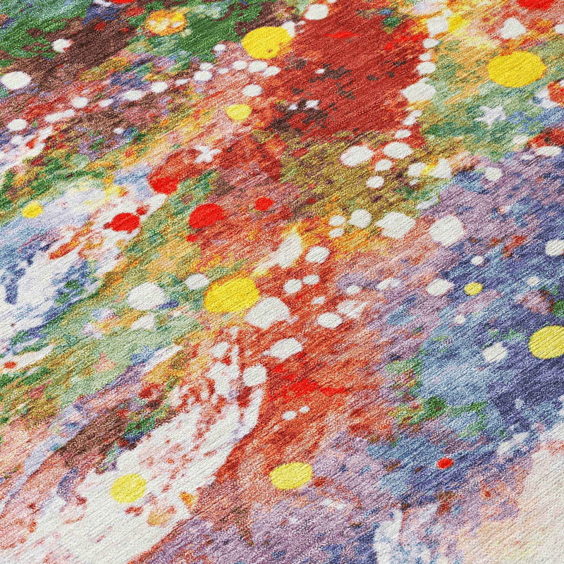 8' Ivory Green Purple Yellow And Blush Round Abstract Washable Indoor Outdoor Area Rug