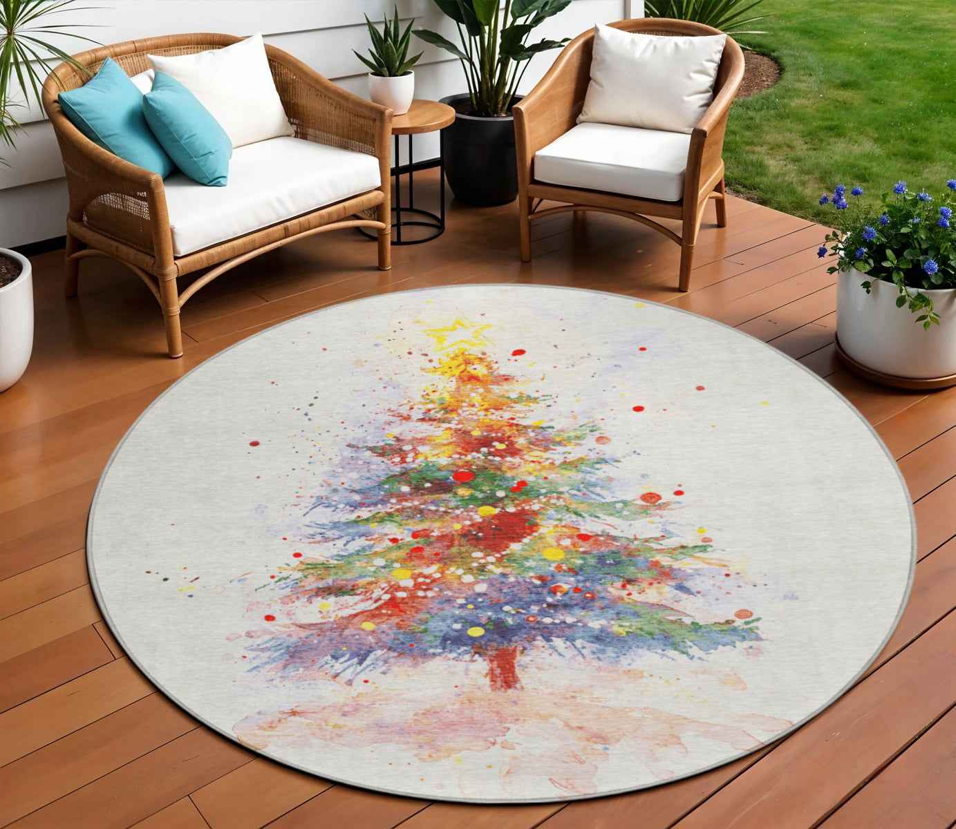 8' Ivory Green Purple Yellow And Blush Round Abstract Washable Indoor Outdoor Area Rug
