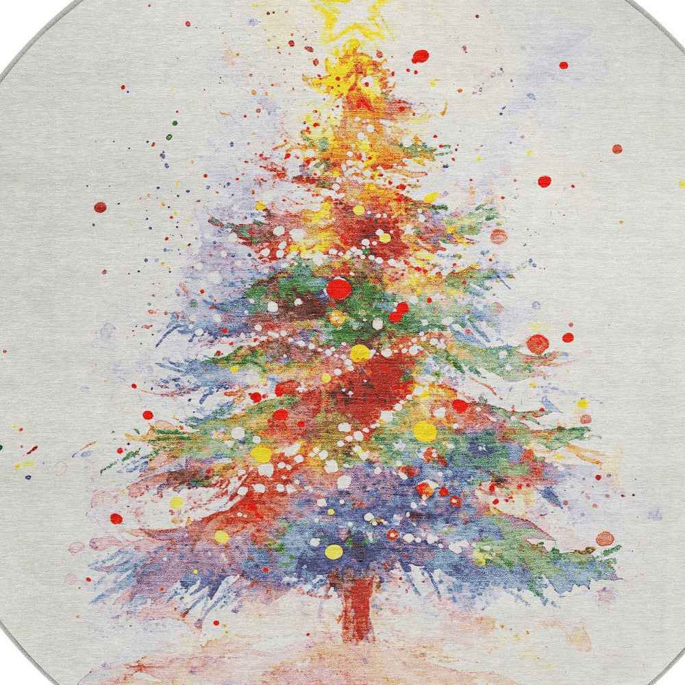 8' Ivory Green Purple Yellow And Blush Round Abstract Washable Indoor Outdoor Area Rug