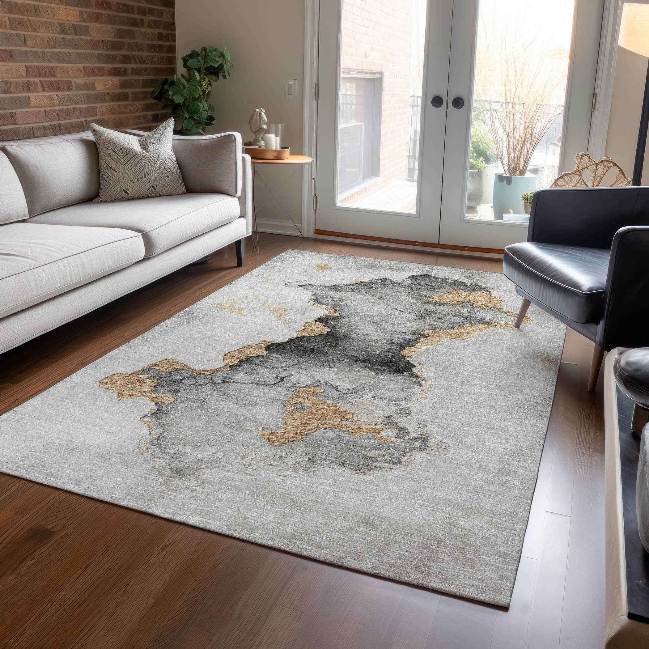 3' X 5' Gray And Gold Abstract Washable Indoor Outdoor Area Rug