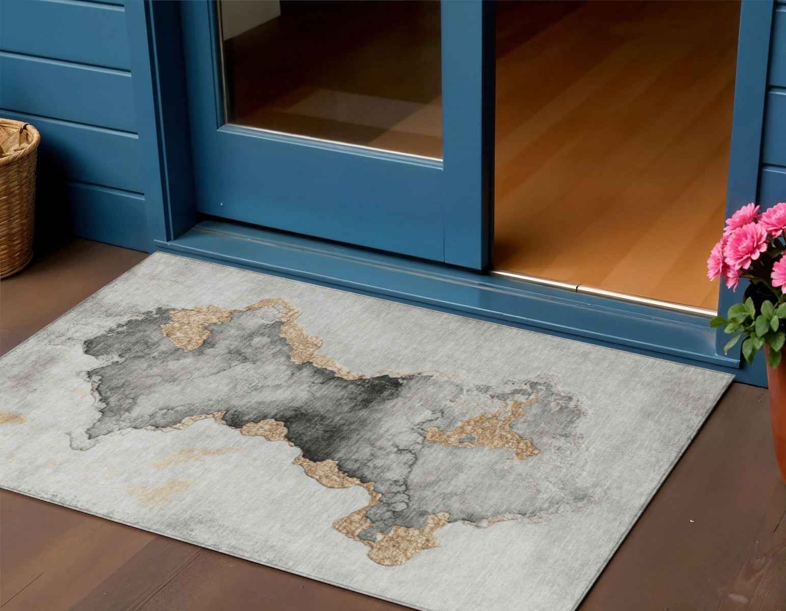3' X 5' Gray And Gold Abstract Washable Indoor Outdoor Area Rug