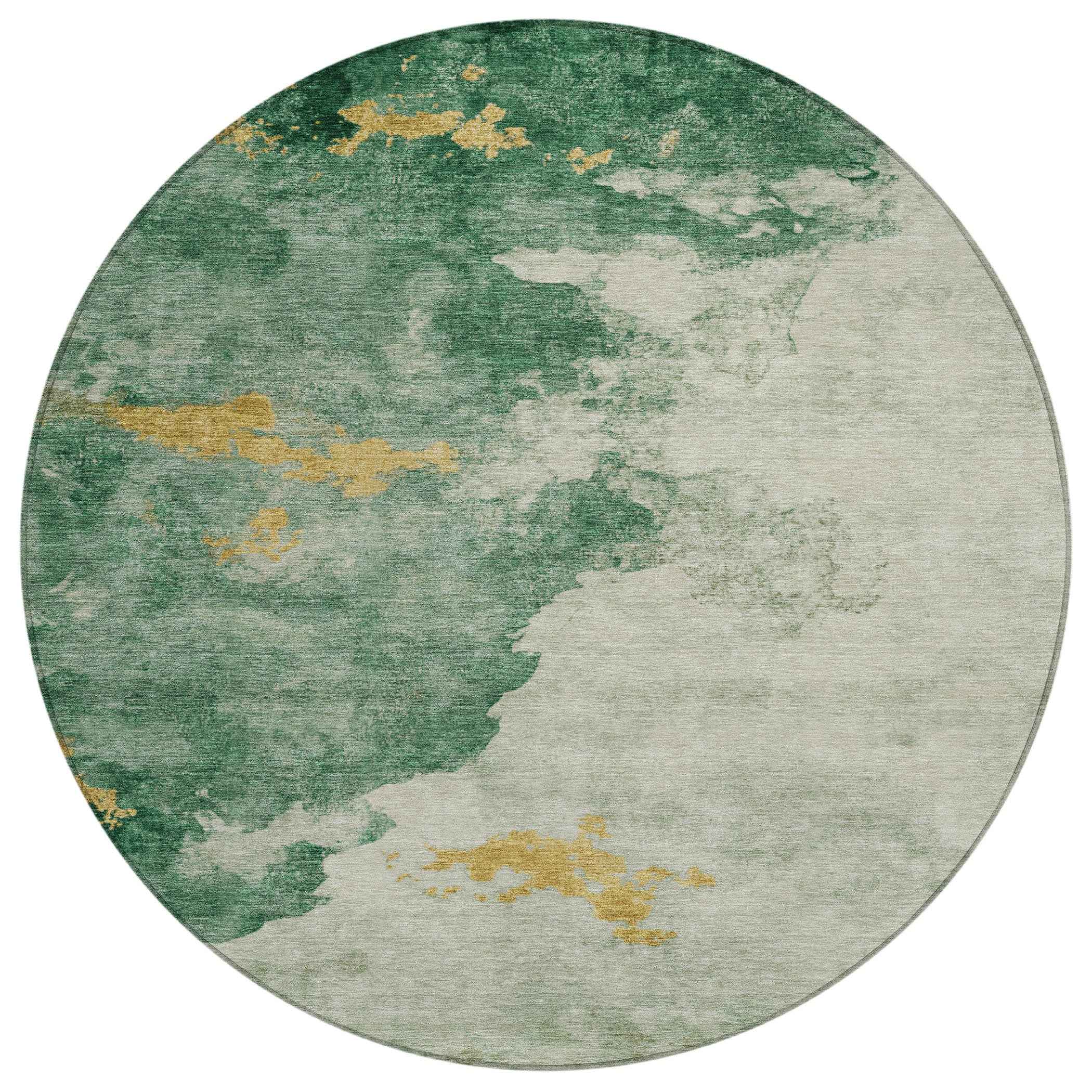 8' Emerald Sage And Ivory Round Abstract Washable Indoor Outdoor Area Rug