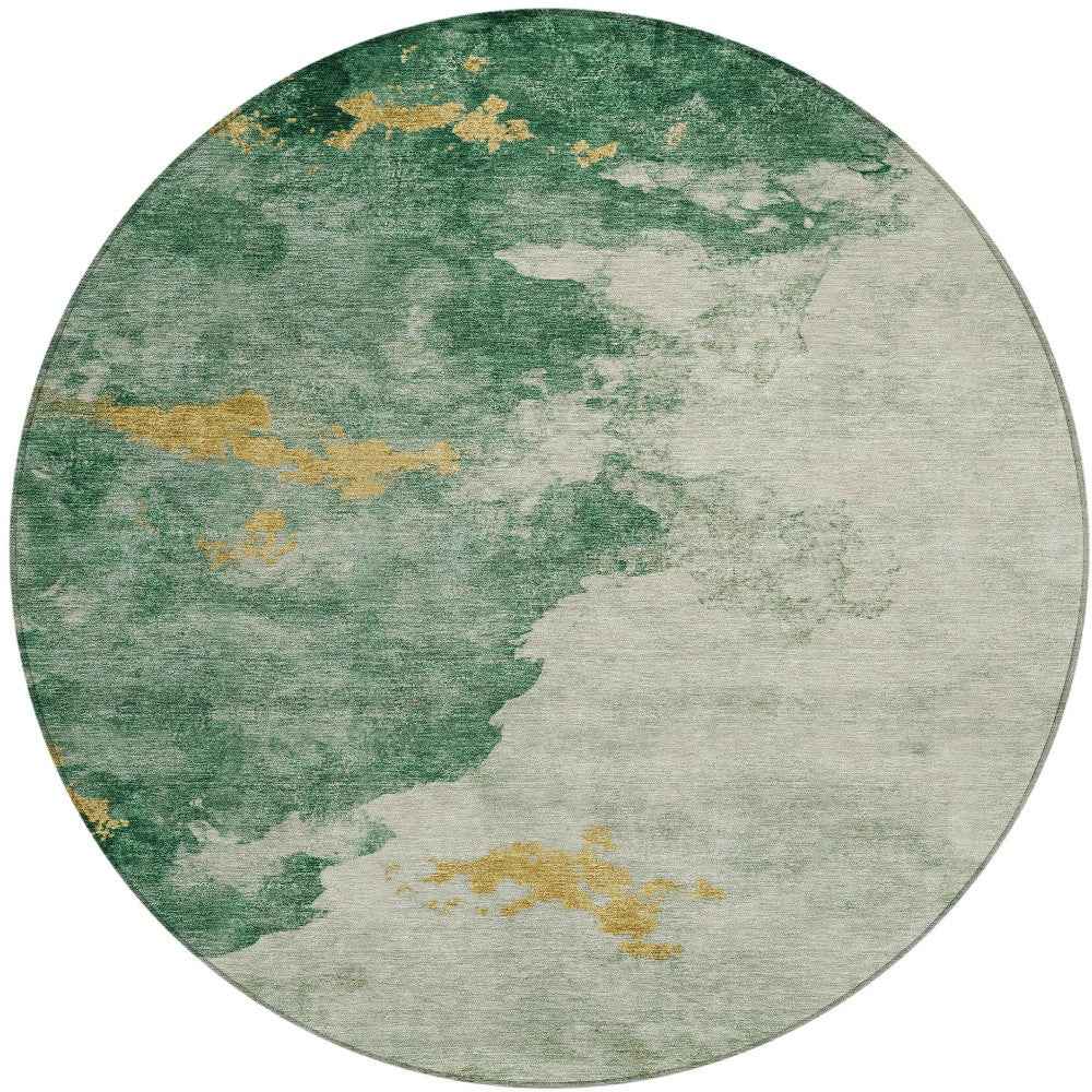 8' Emerald Sage And Ivory Round Abstract Washable Indoor Outdoor Area Rug