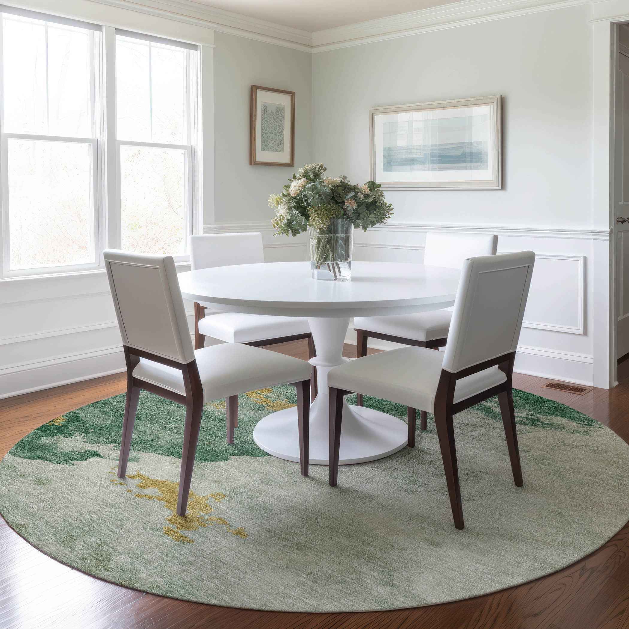 8' Emerald Sage And Ivory Round Abstract Washable Indoor Outdoor Area Rug