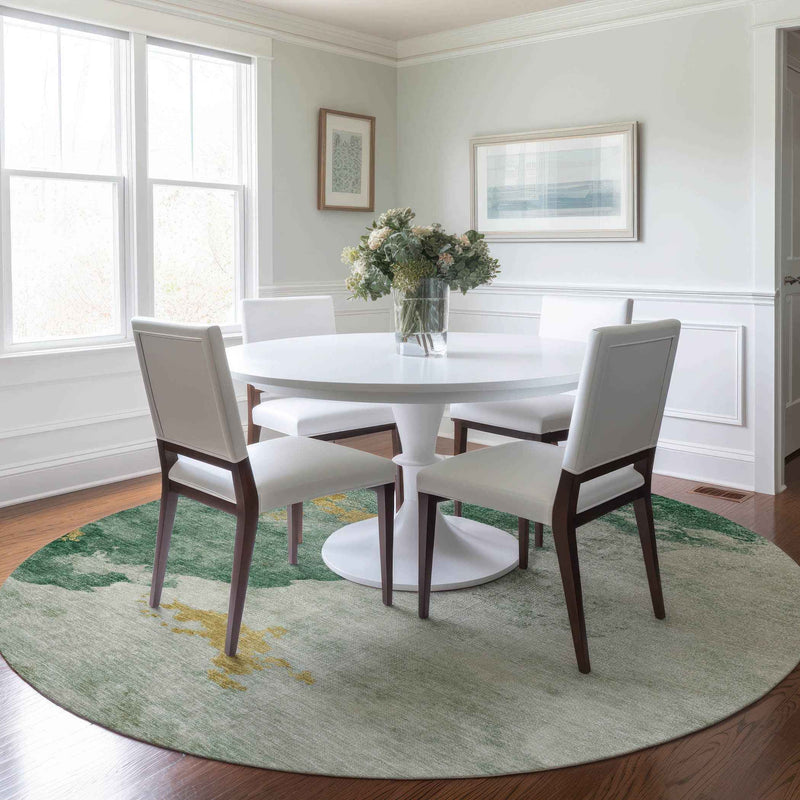 8' Emerald Sage And Ivory Round Abstract Washable Indoor Outdoor Area Rug