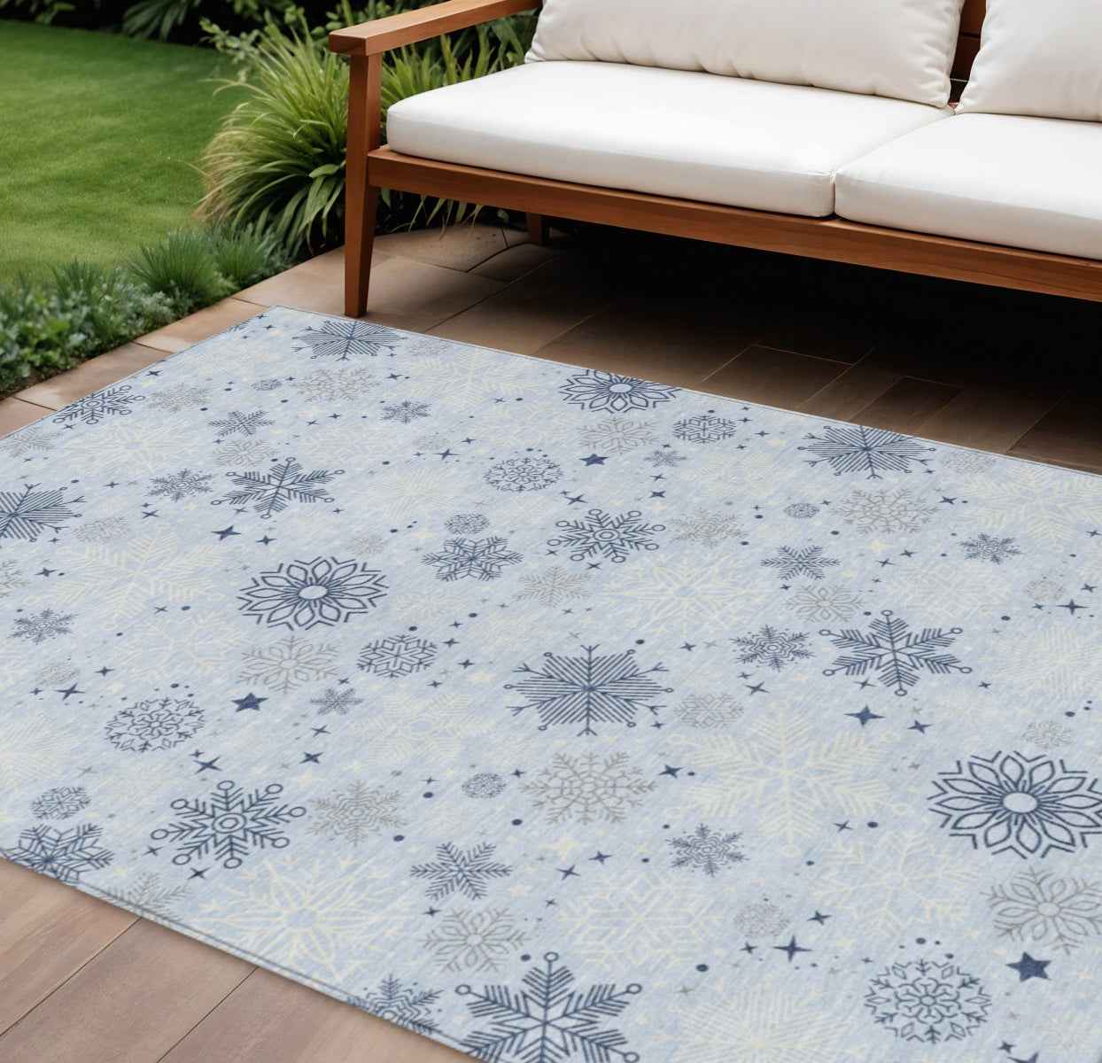 10' X 14' Sky Blue Navy Blue And Ivory Medallion Washable Indoor Outdoor Area Rug