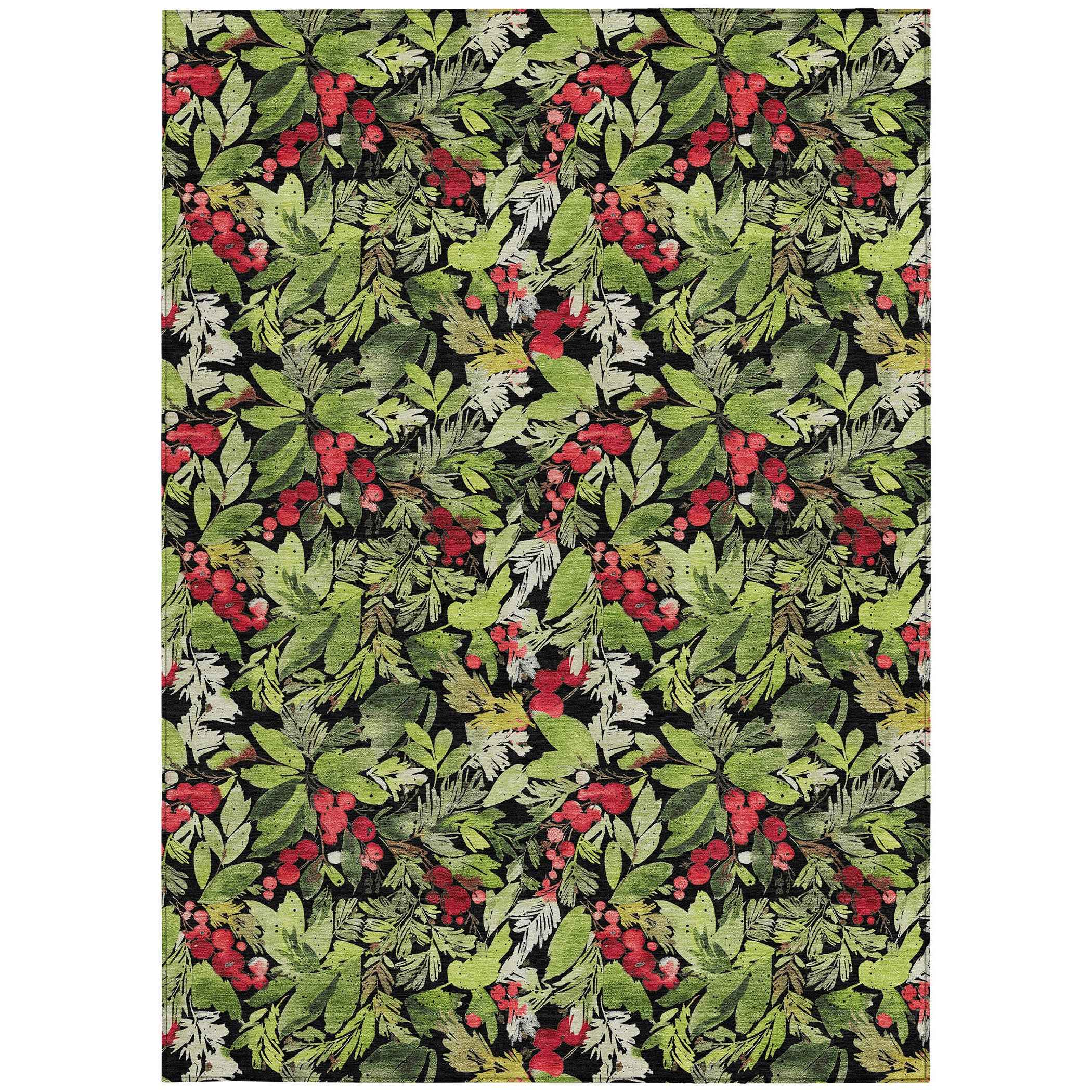 8' X 10' Black Green And Red Botanical Leaves Washable Indoor Outdoor Area Rug