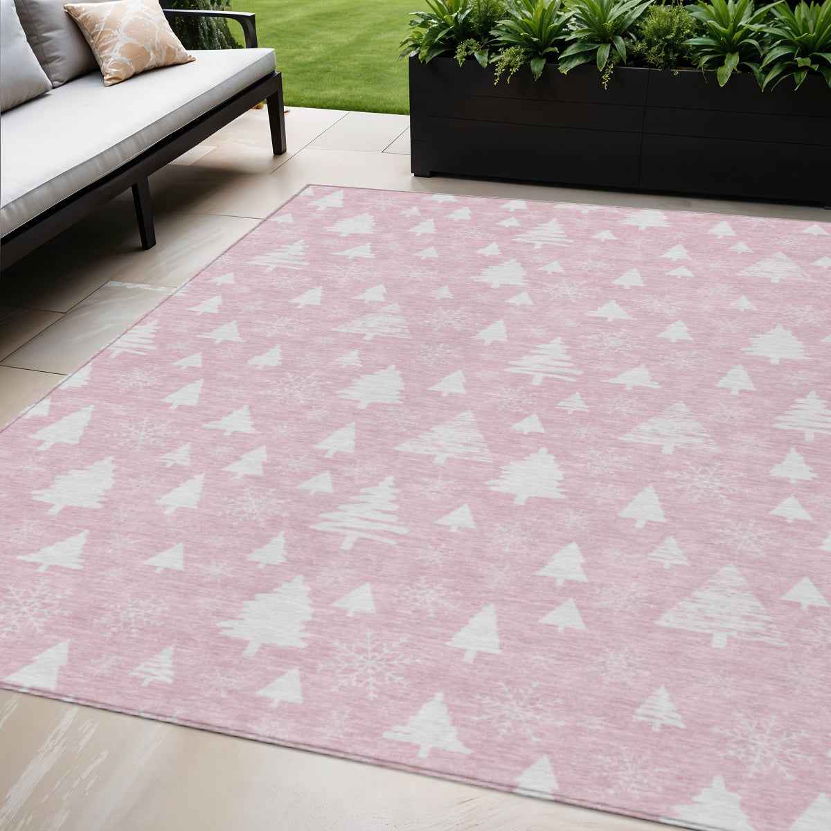 5' X 8' Pink And Ivory Botanical Leaves Washable Indoor Outdoor Area Rug