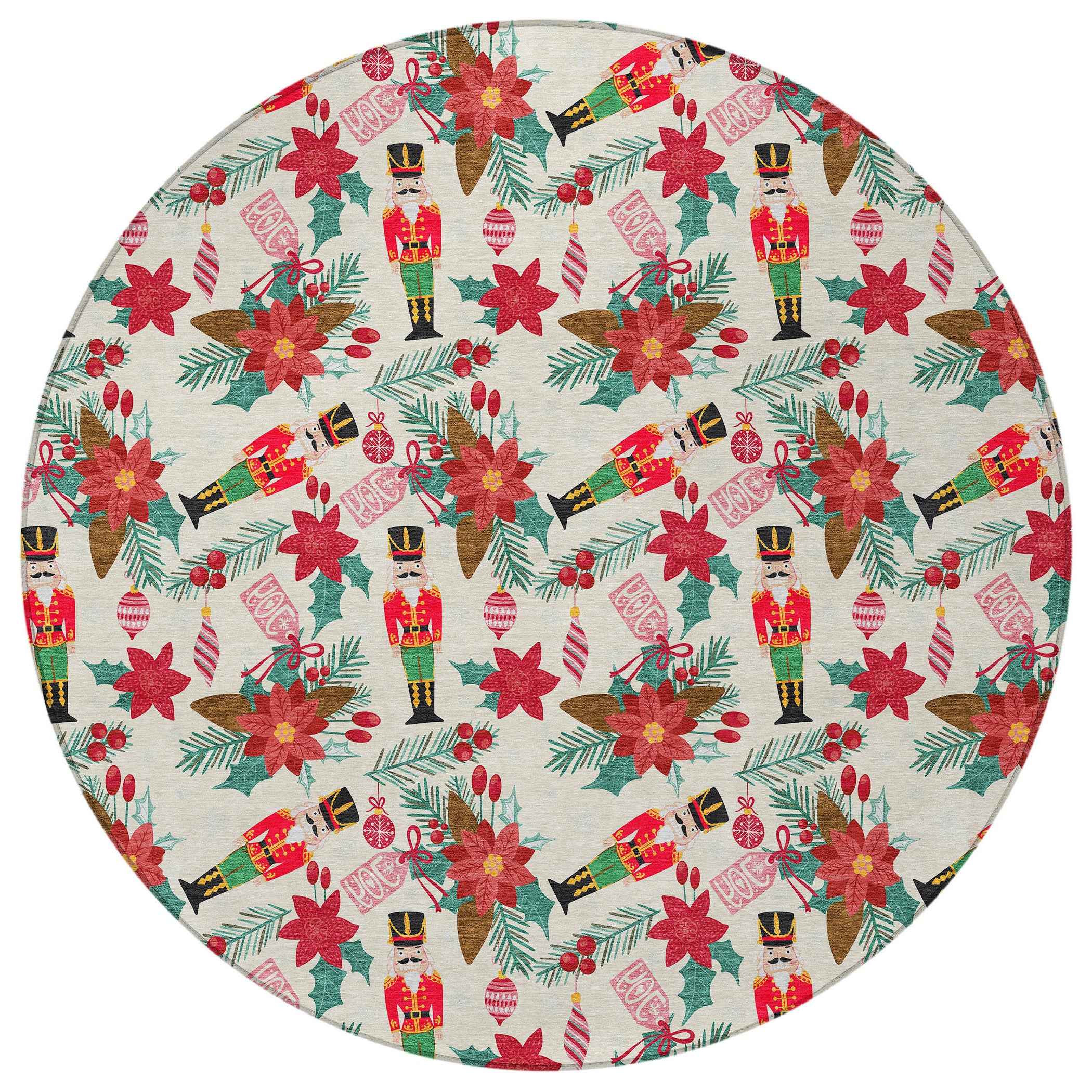 8' Ivory Red Black Pink And Brown Round Floral Washable Indoor Outdoor Area Rug