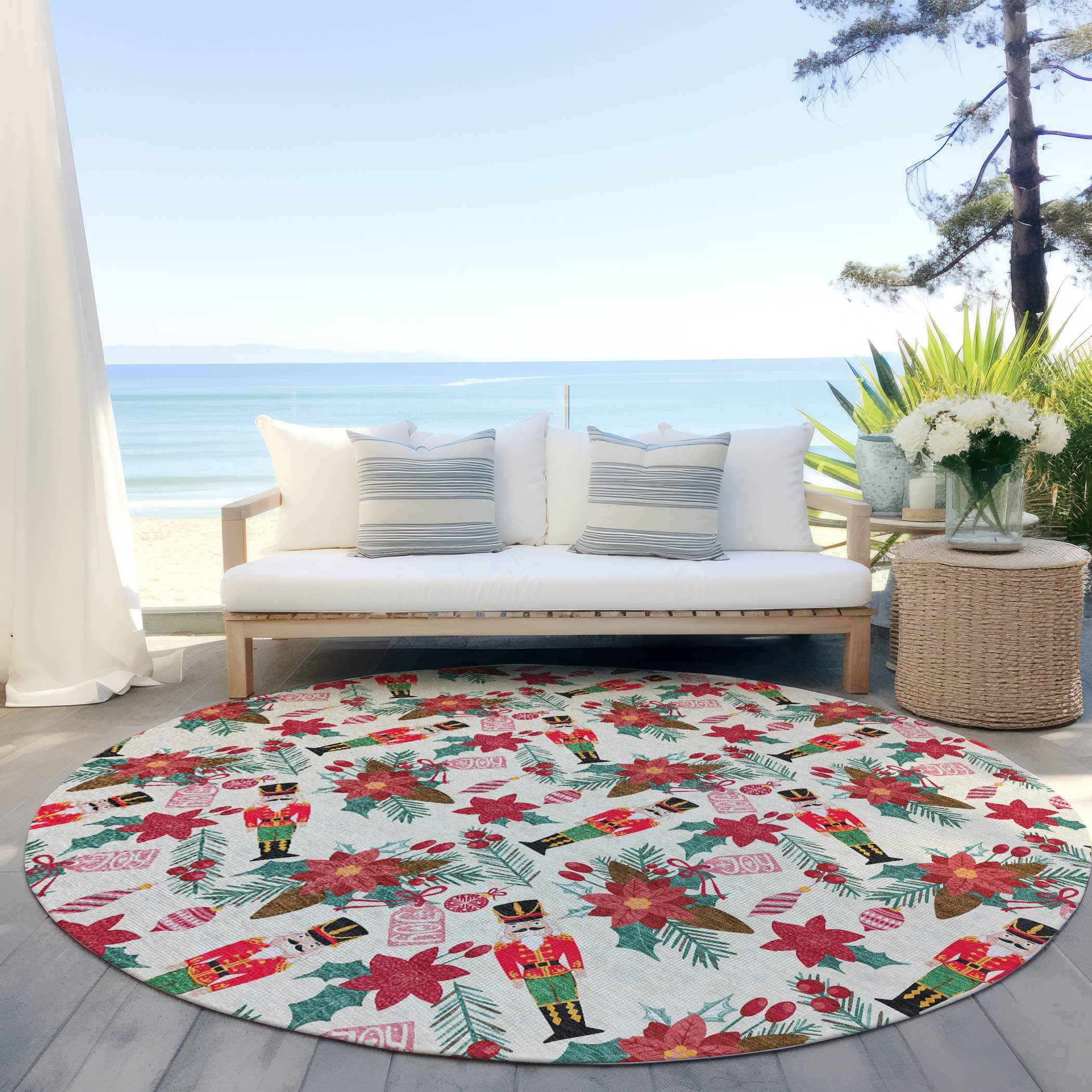 8' Ivory Red Black Pink And Brown Round Floral Washable Indoor Outdoor Area Rug