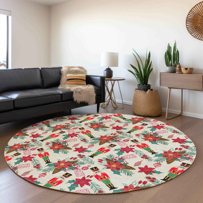 8' Ivory Red Black Pink And Brown Round Floral Washable Indoor Outdoor Area Rug