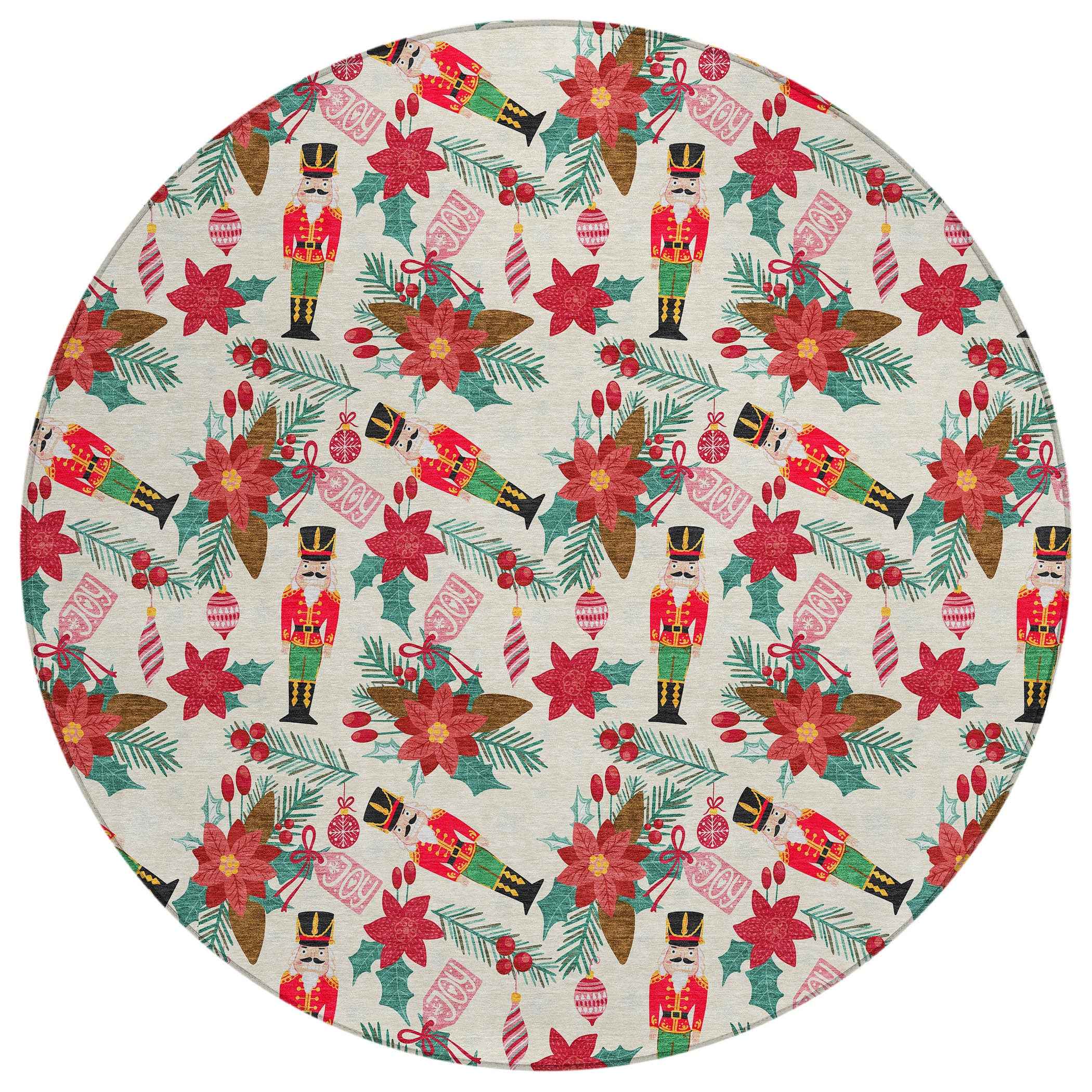 8' Ivory Red Black Pink And Brown Round Floral Washable Indoor Outdoor Area Rug