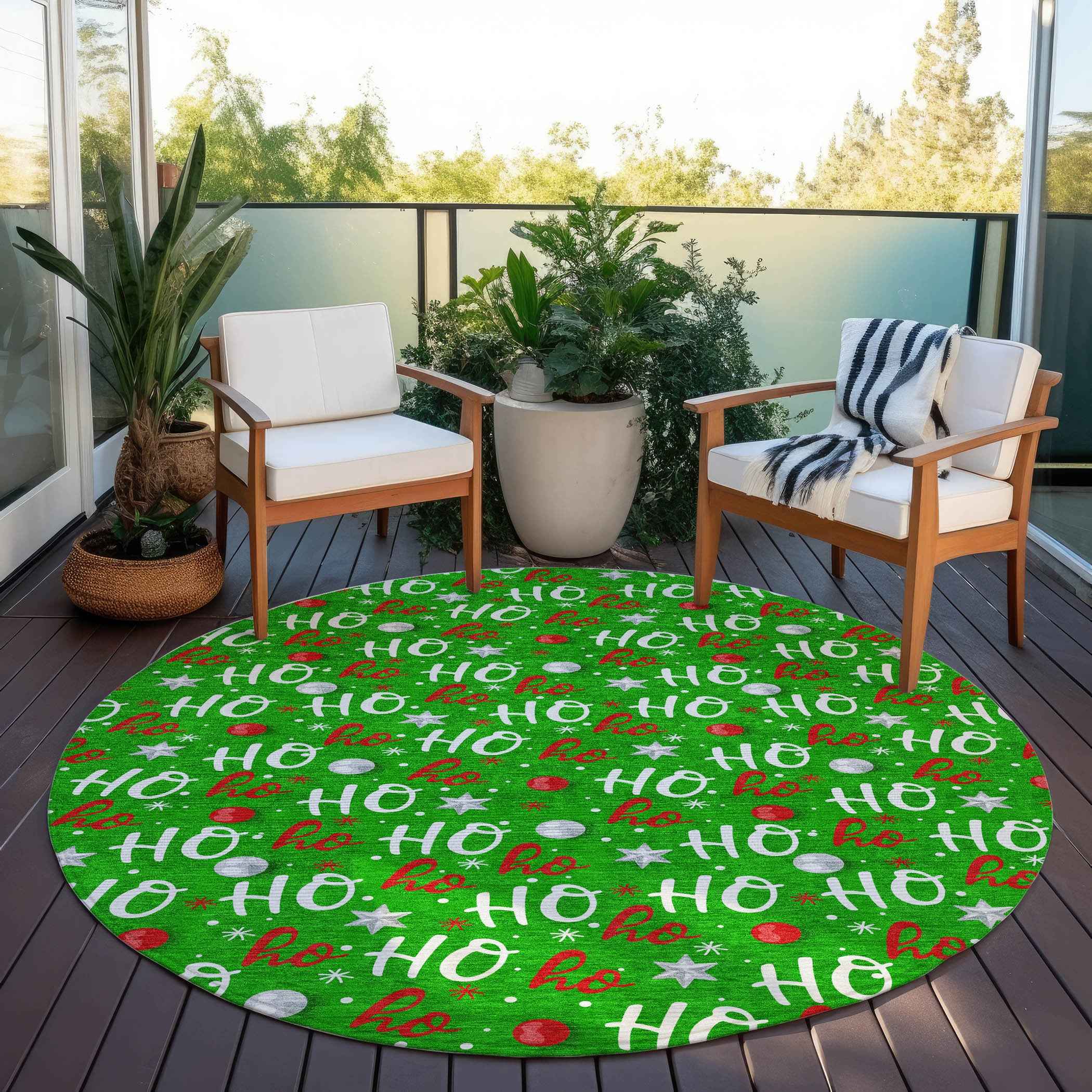 8' Green White And Red Round Polka Dot Washable Indoor Outdoor Area Rug