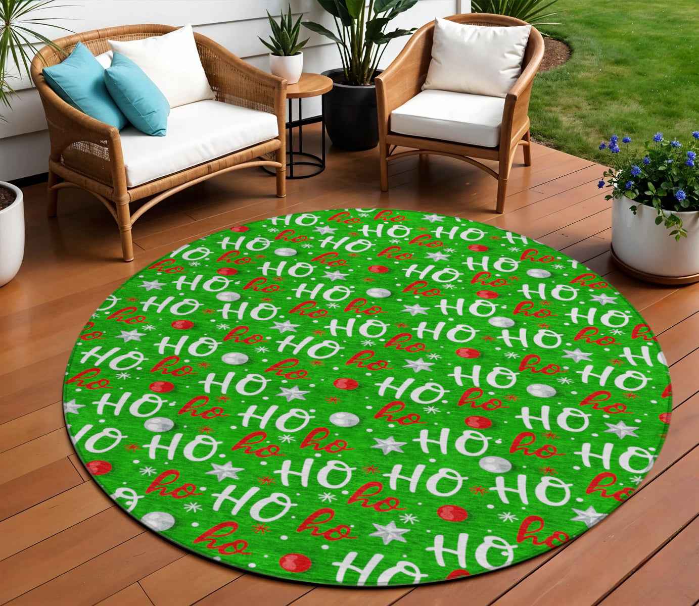 8' Green White And Red Round Polka Dot Washable Indoor Outdoor Area Rug