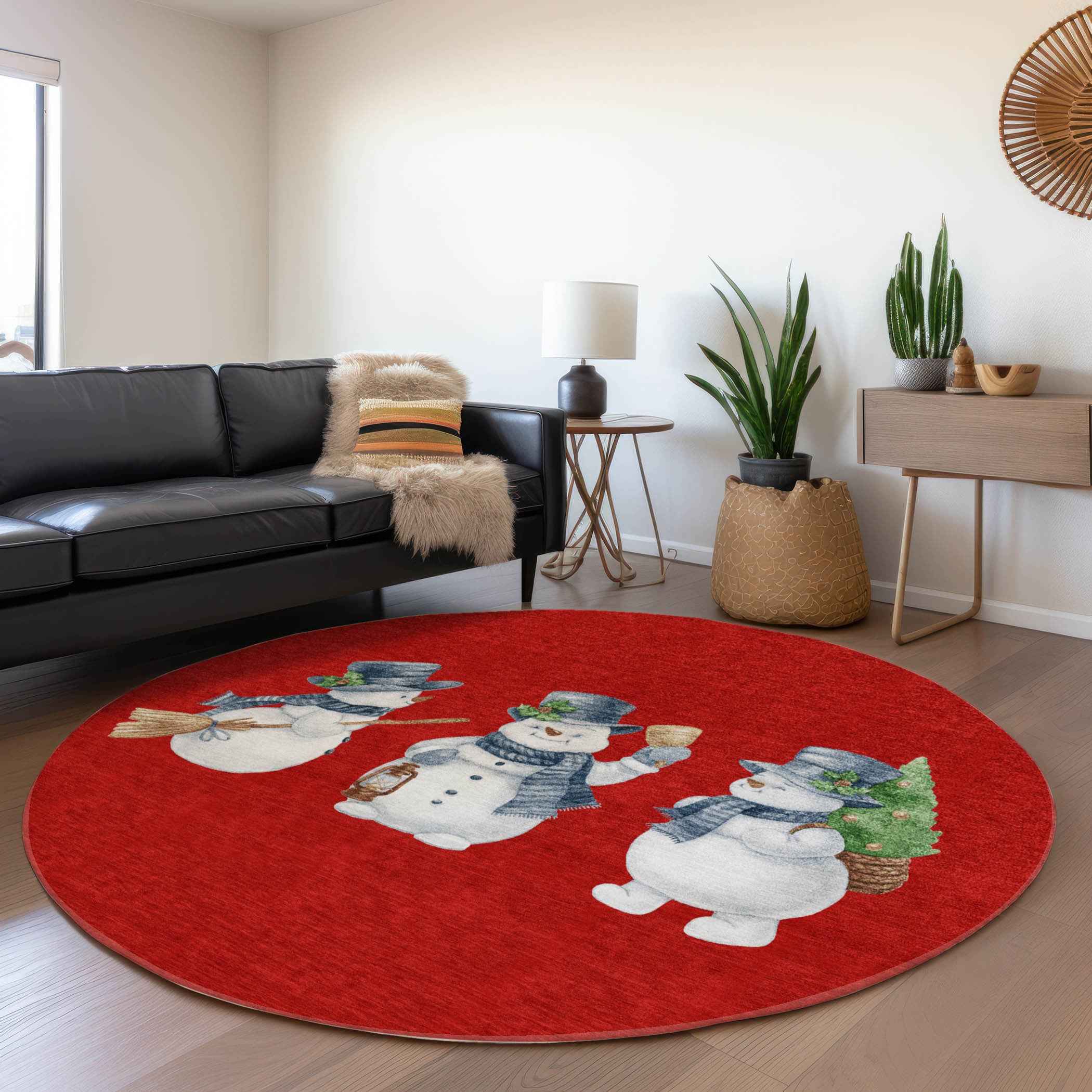 8' Red Denim Blue And Ivory Round Botanical Leaves Washable Indoor Outdoor Area Rug