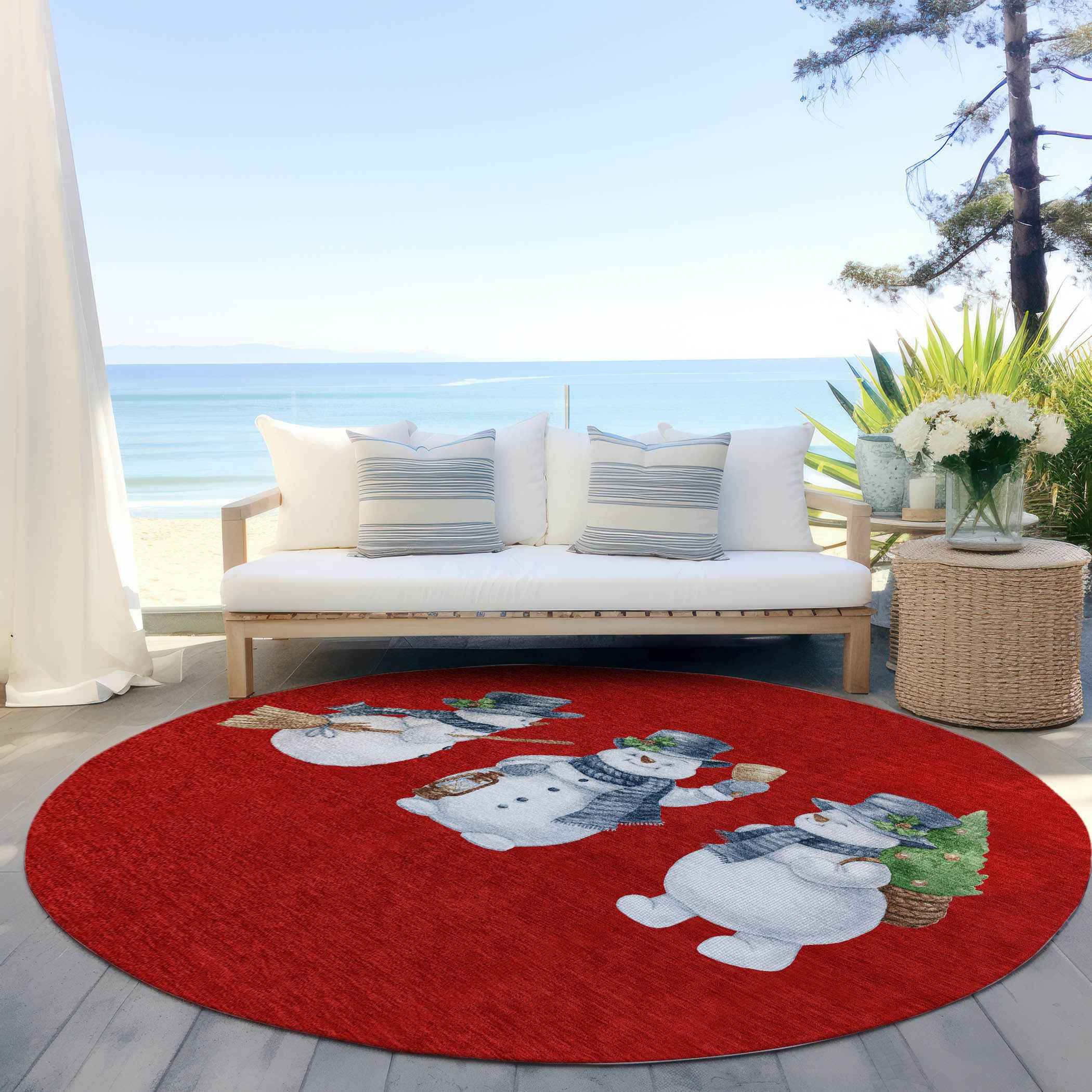 8' Red Denim Blue And Ivory Round Botanical Leaves Washable Indoor Outdoor Area Rug