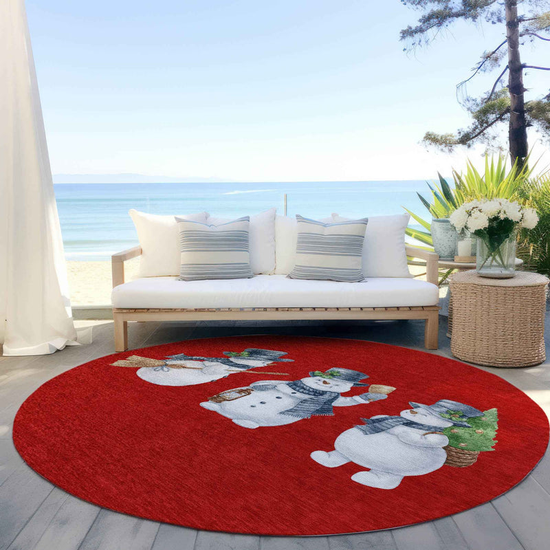 8' Red Denim Blue And Ivory Round Botanical Leaves Washable Indoor Outdoor Area Rug