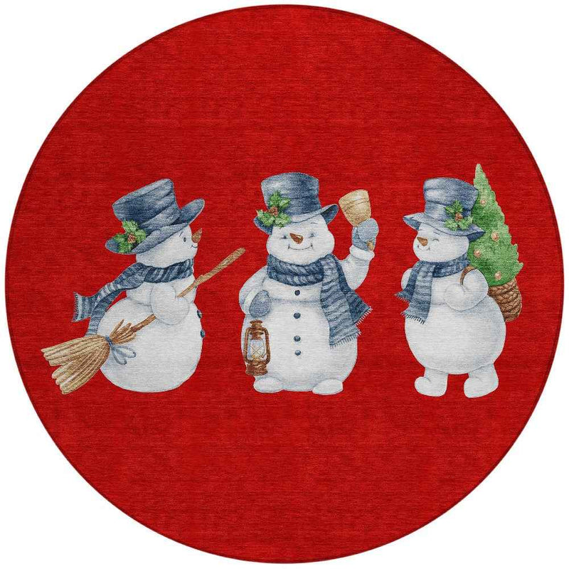 8' Red Denim Blue And Ivory Round Botanical Leaves Washable Indoor Outdoor Area Rug