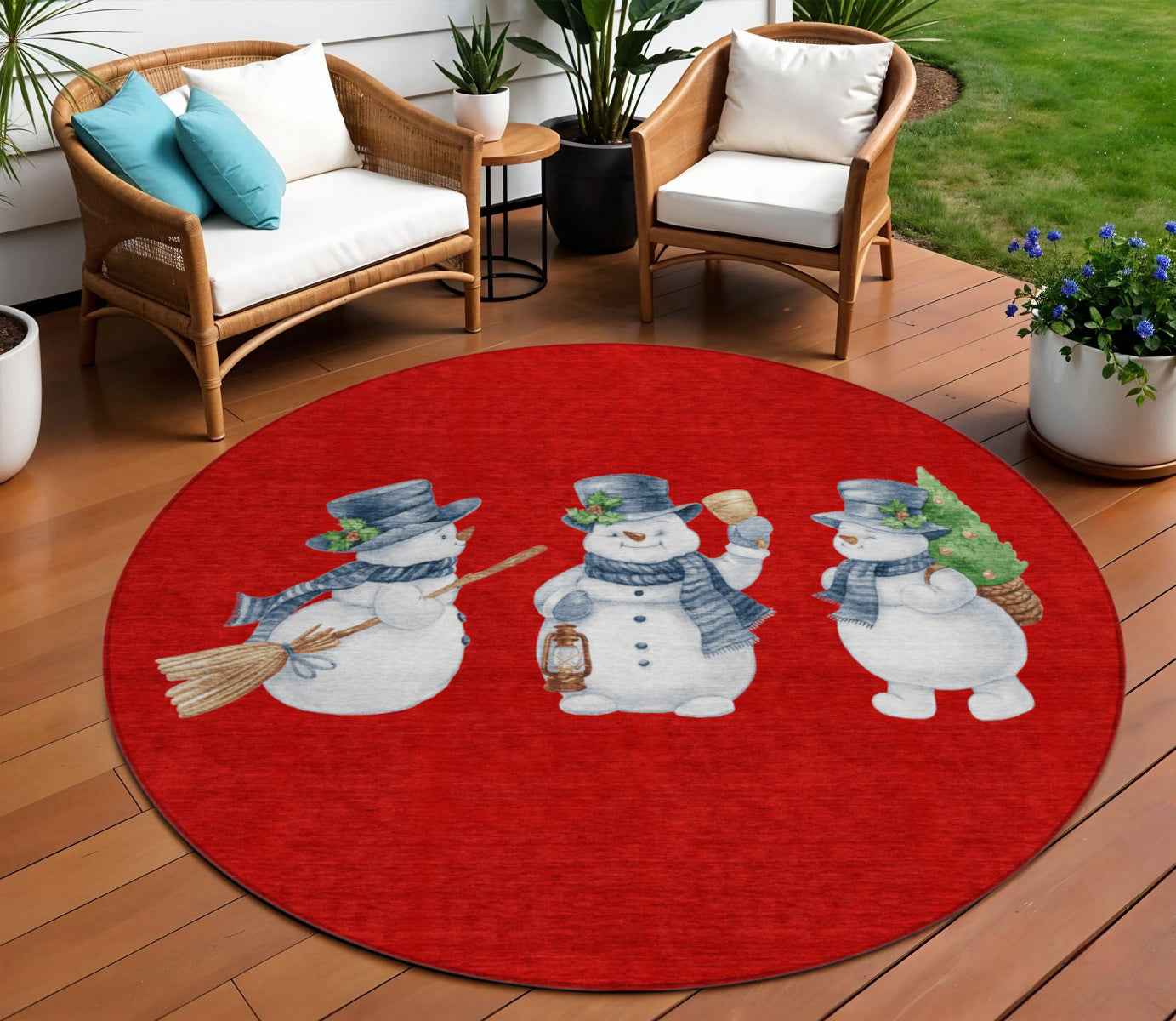8' Red Denim Blue And Ivory Round Botanical Leaves Washable Indoor Outdoor Area Rug