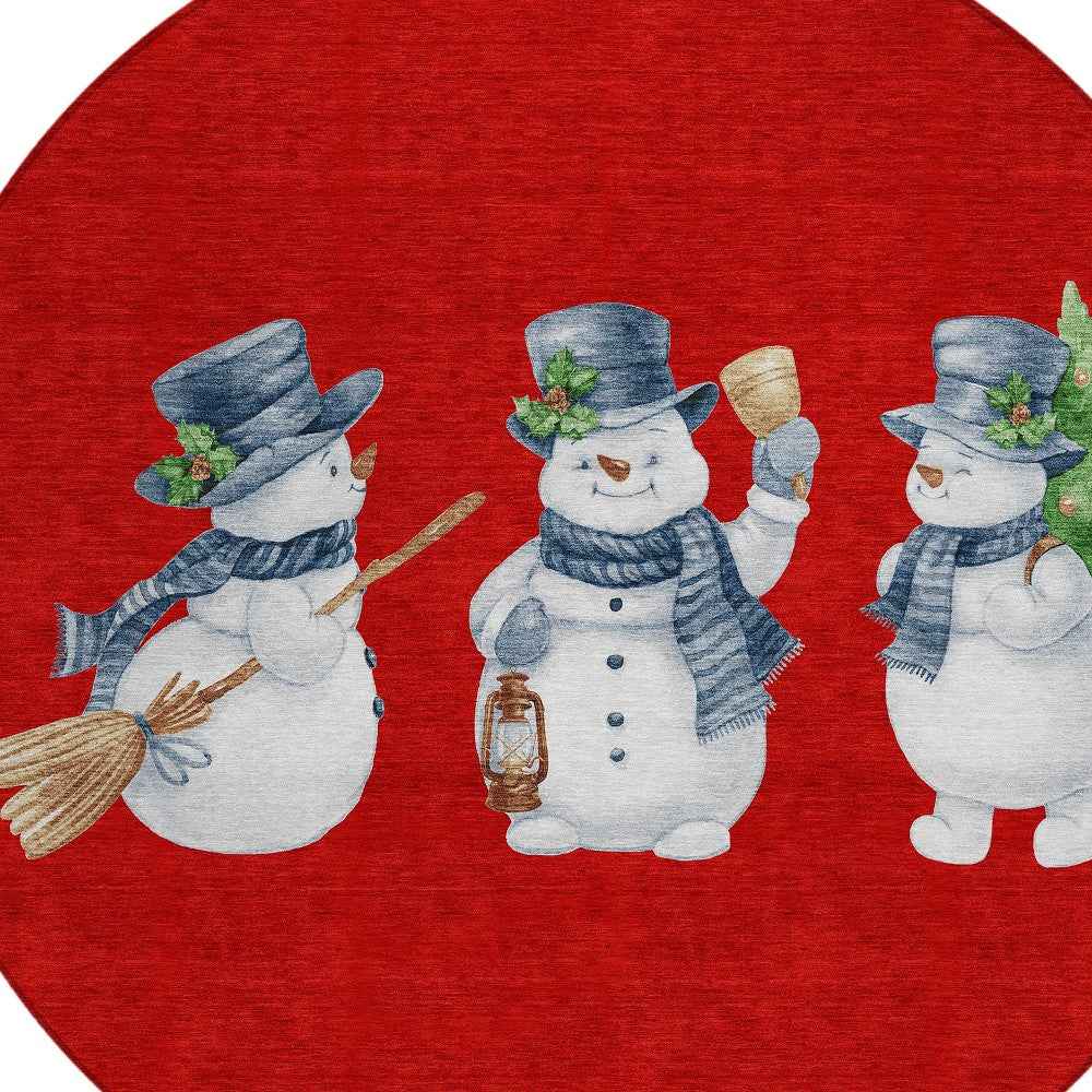 8' Red Denim Blue And Ivory Round Botanical Leaves Washable Indoor Outdoor Area Rug