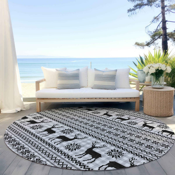 8' Silver Black And Ivory Round Animal Print Washable Indoor Outdoor Area Rug