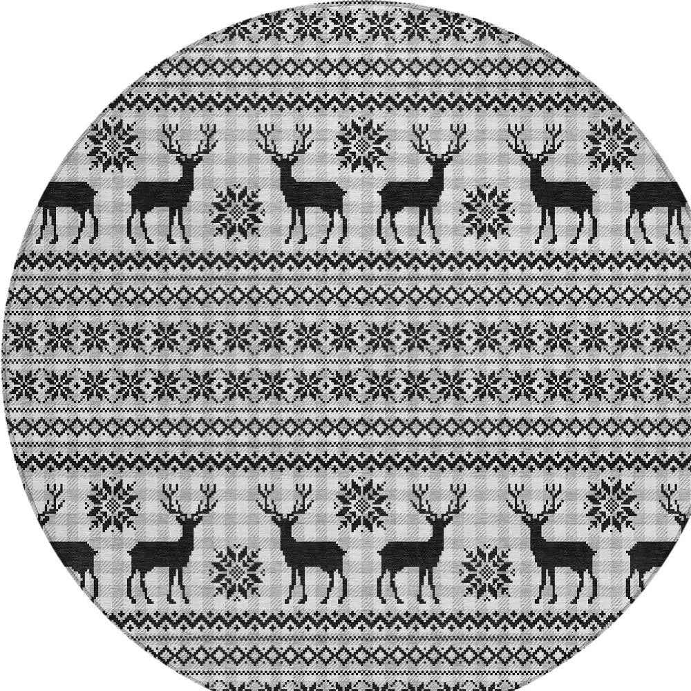 8' Silver Black And Ivory Round Animal Print Washable Indoor Outdoor Area Rug