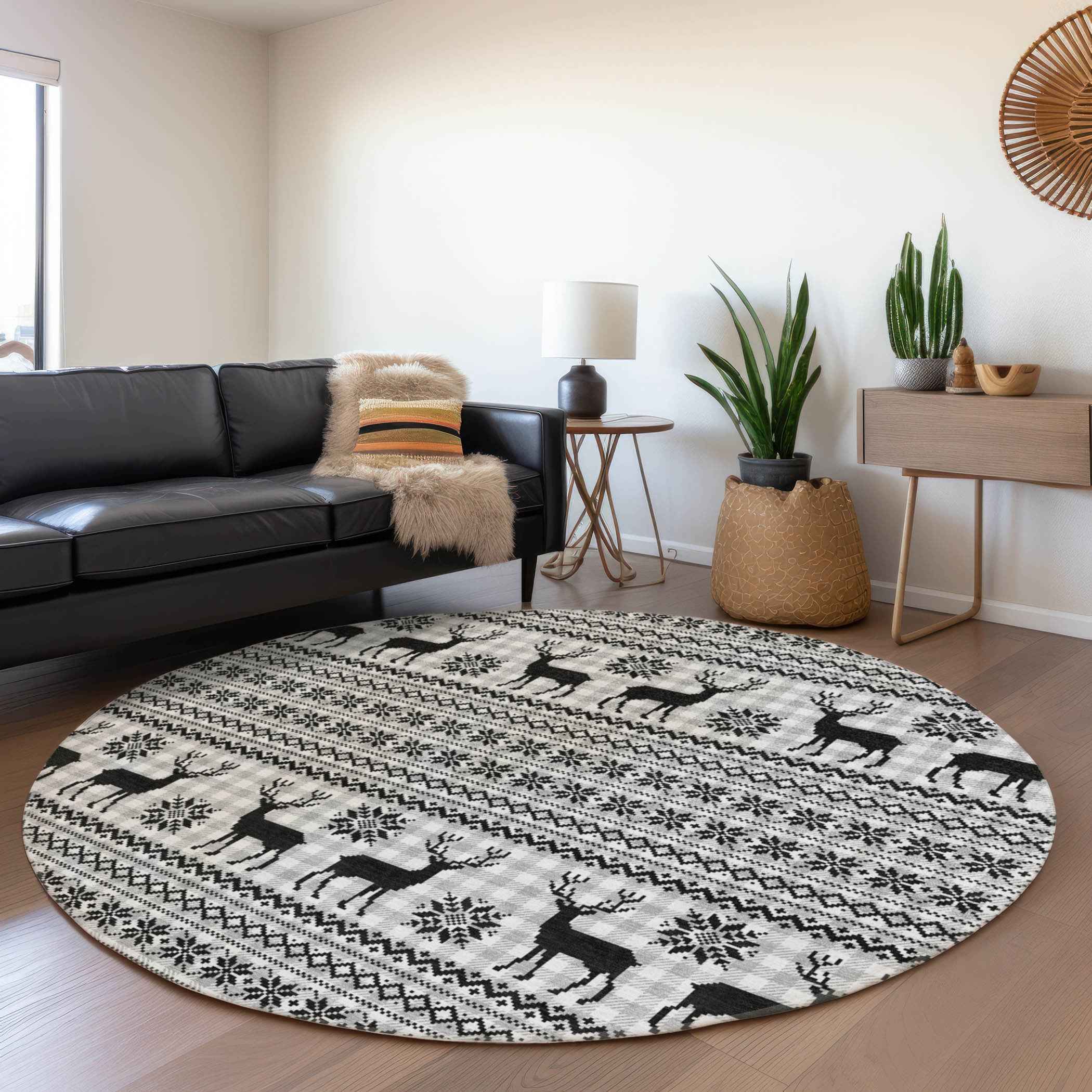 8' Silver Black And Ivory Round Animal Print Washable Indoor Outdoor Area Rug
