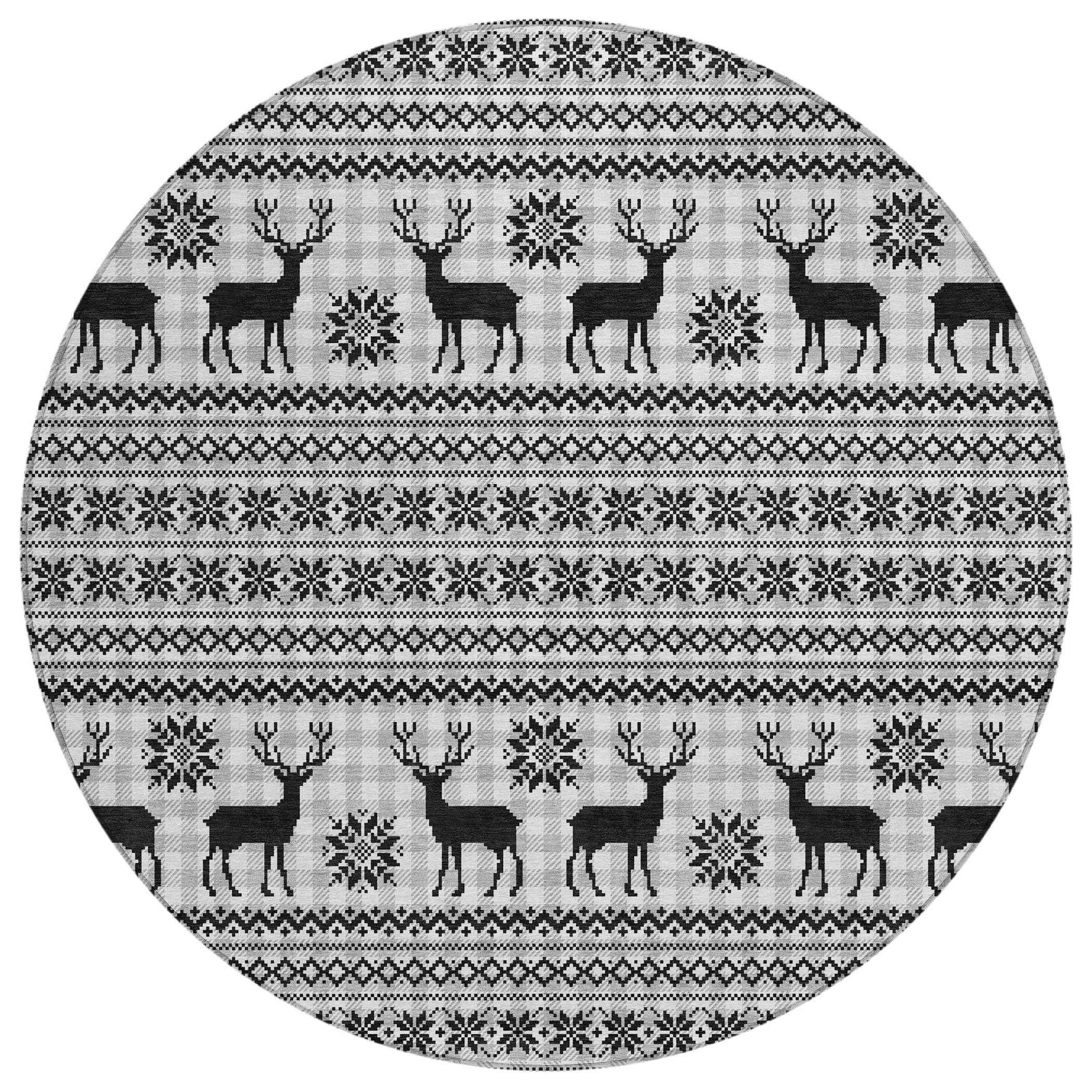 8' Silver Black And Ivory Round Animal Print Washable Indoor Outdoor Area Rug