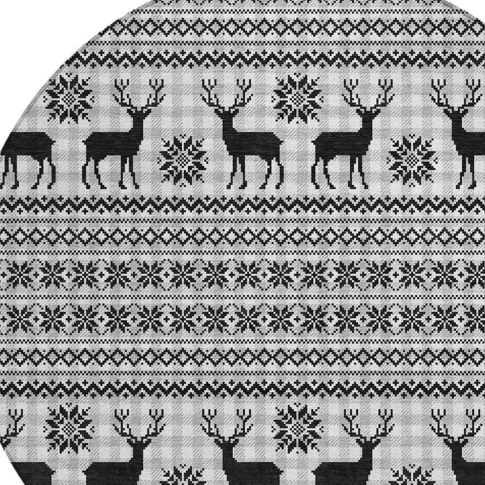 8' Silver Black And Ivory Round Animal Print Washable Indoor Outdoor Area Rug