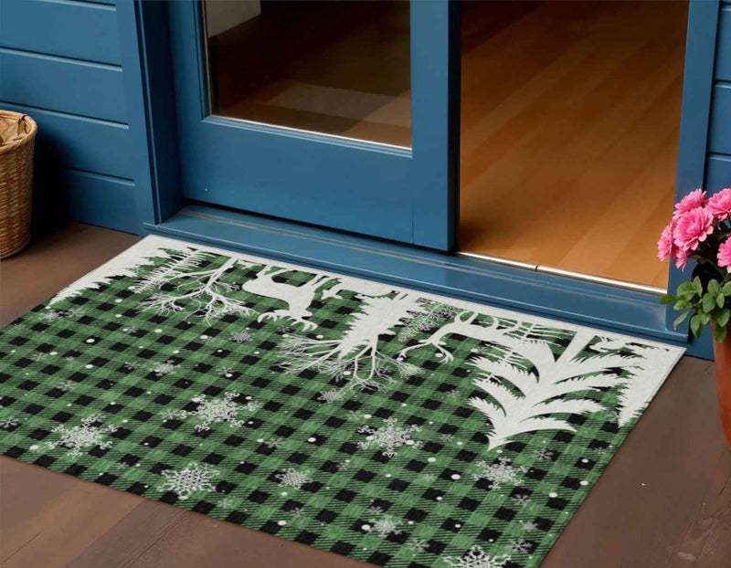 3' X 5' Green Black And Ivory Plaid Washable Indoor Outdoor Area Rug