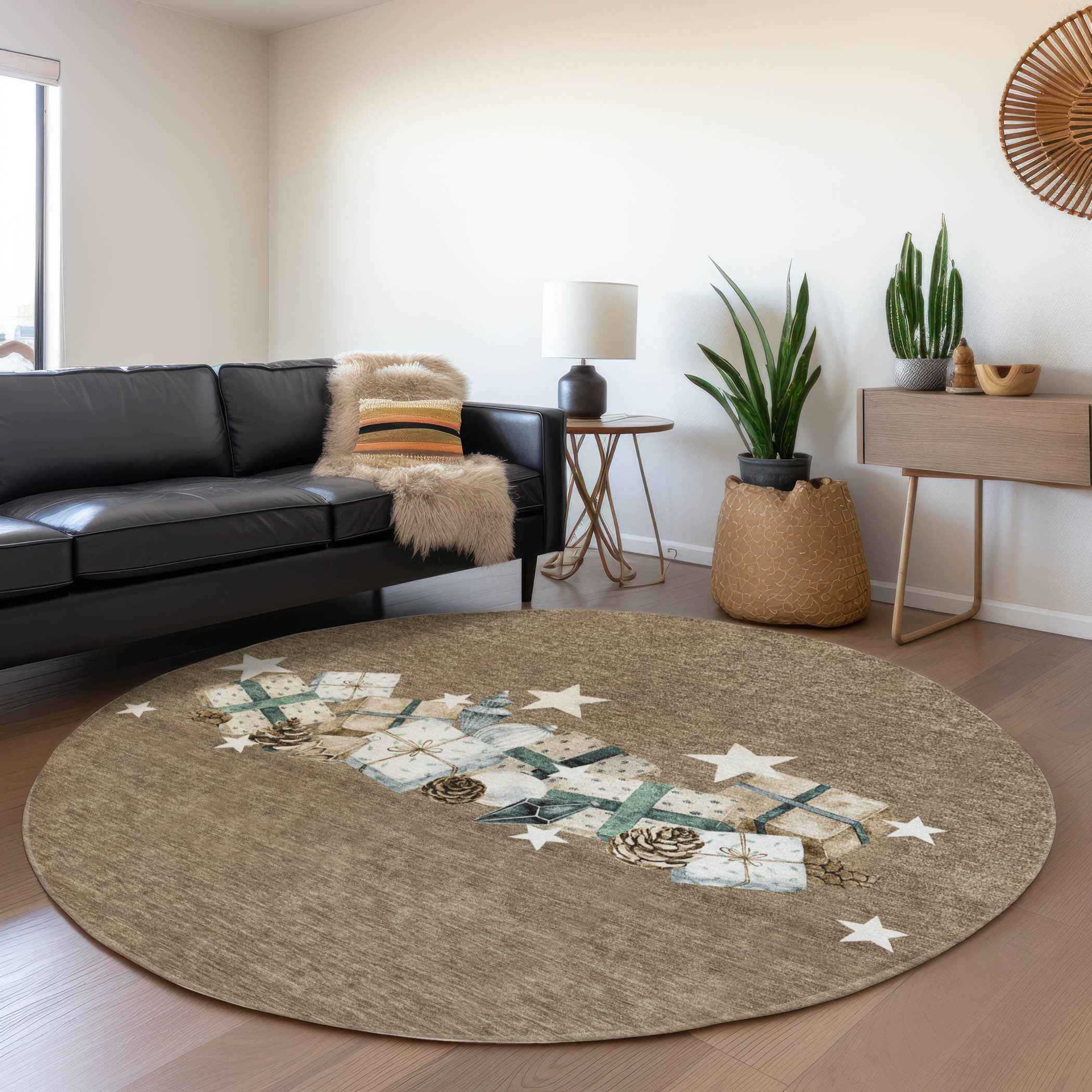 8' Brown Beige Ivory And Taupe Round Presents Washable Indoor Outdoor Area Rug