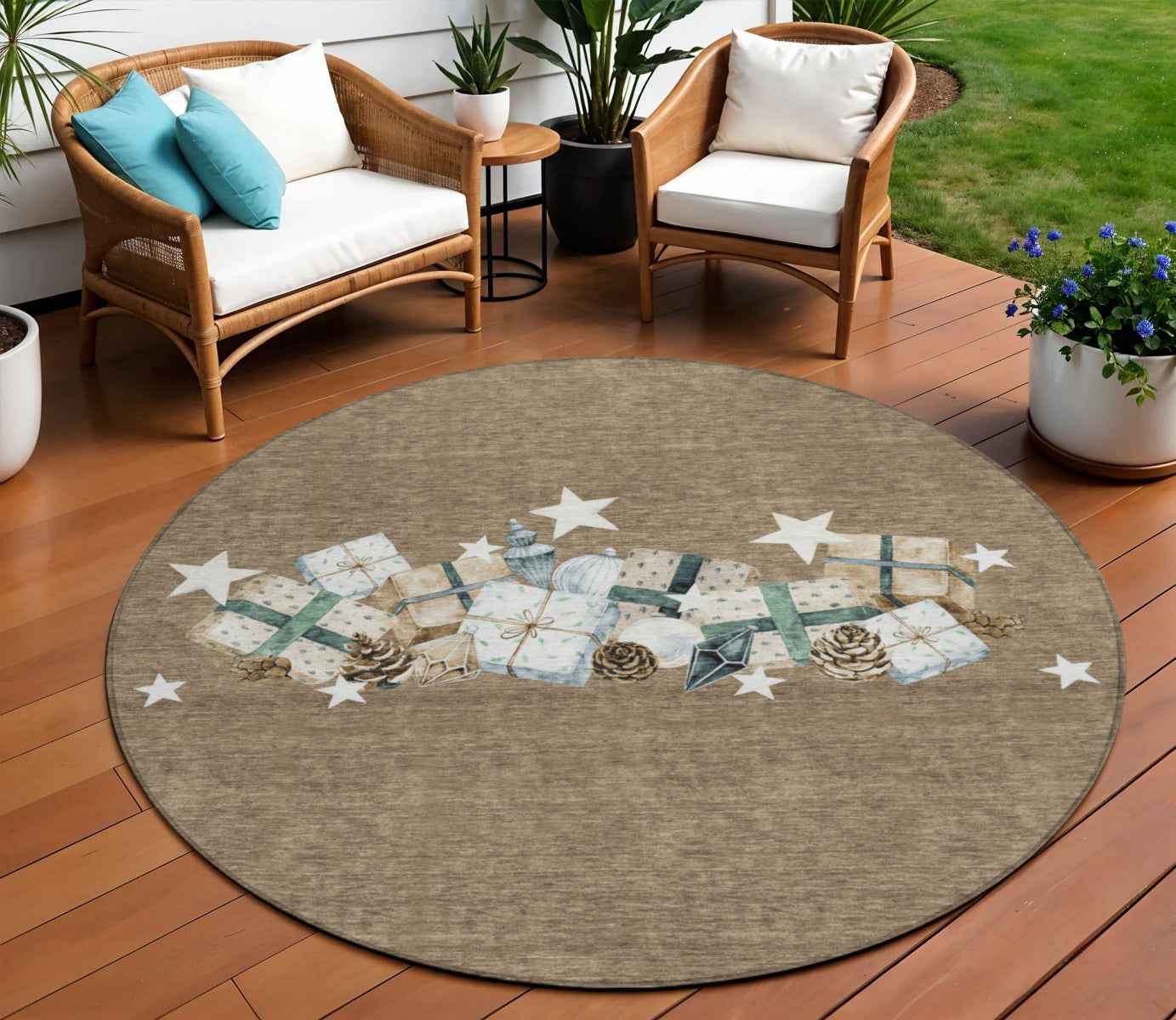 8' Brown Beige Ivory And Taupe Round Presents Washable Indoor Outdoor Area Rug