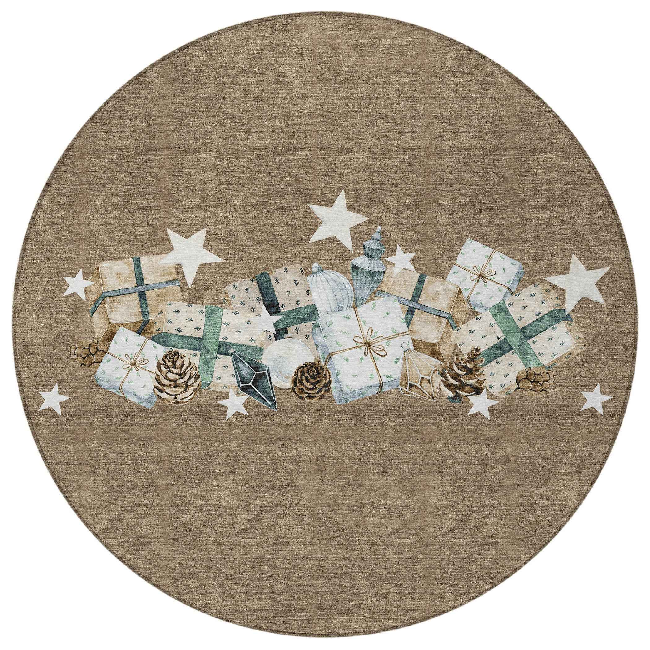 8' Brown Beige Ivory And Taupe Round Presents Washable Indoor Outdoor Area Rug