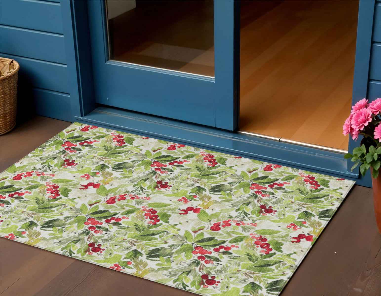 3' X 5' Artichoke Green Burgundy And Ivory Botanical Leaves Washable Indoor Outdoor Area Rug