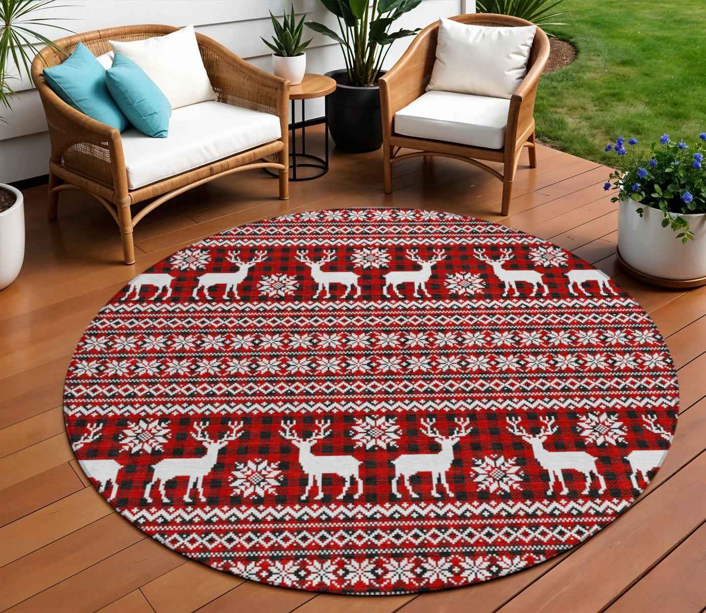 8' Red Black And Ivory Round Animal Print Washable Indoor Outdoor Area Rug