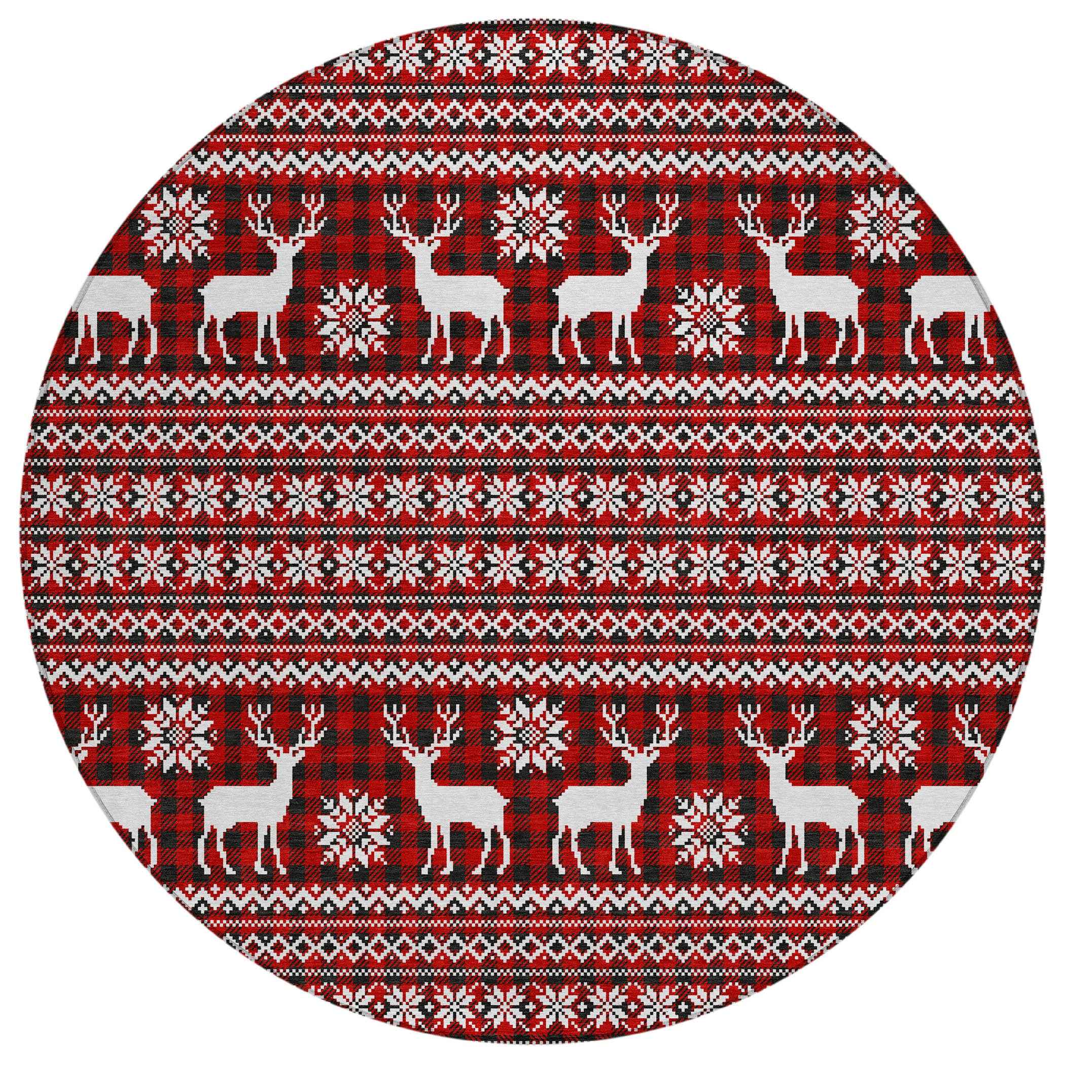 8' Red Black And Ivory Round Animal Print Washable Indoor Outdoor Area Rug