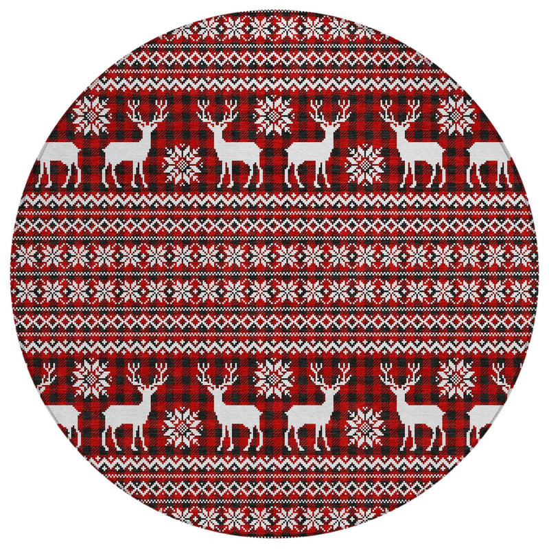 8' Red Black And Ivory Round Animal Print Washable Indoor Outdoor Area Rug