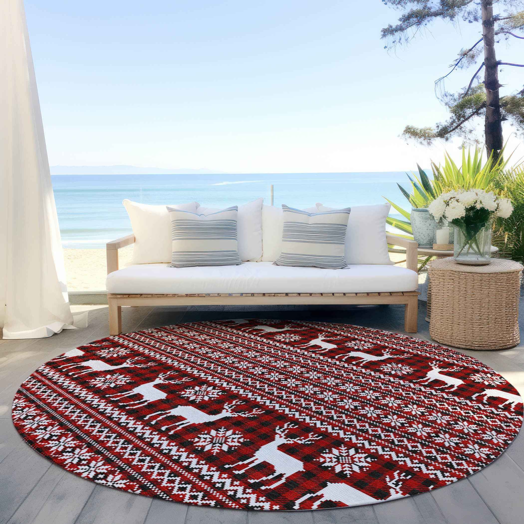 8' Red Black And Ivory Round Animal Print Washable Indoor Outdoor Area Rug