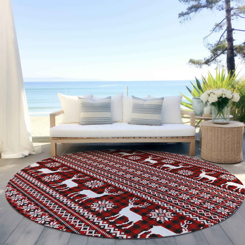 8' Red Black And Ivory Round Animal Print Washable Indoor Outdoor Area Rug