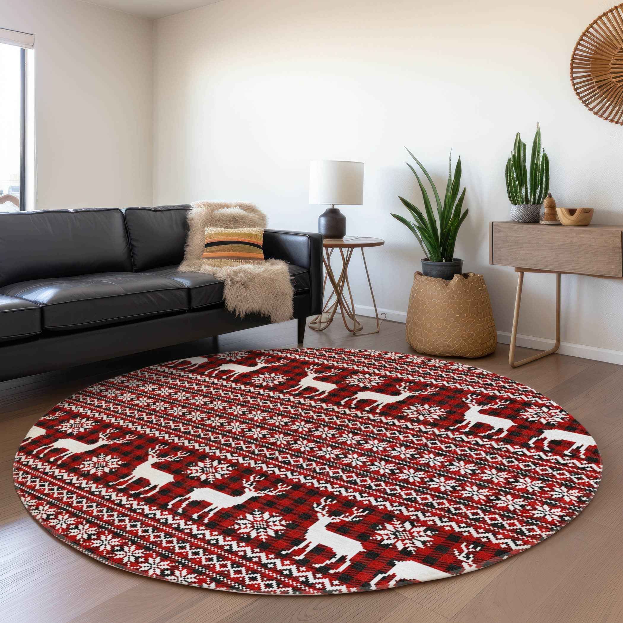 8' Red Black And Ivory Round Animal Print Washable Indoor Outdoor Area Rug