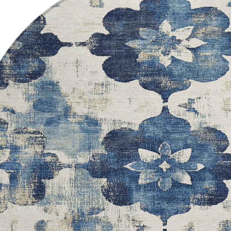8' Navy Blue And Ivory Round Floral Washable Indoor Outdoor Area Rug