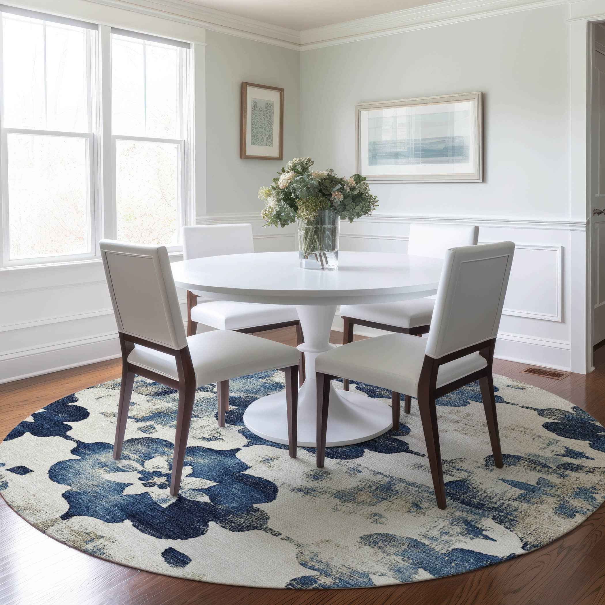 8' Navy Blue And Ivory Round Floral Washable Indoor Outdoor Area Rug