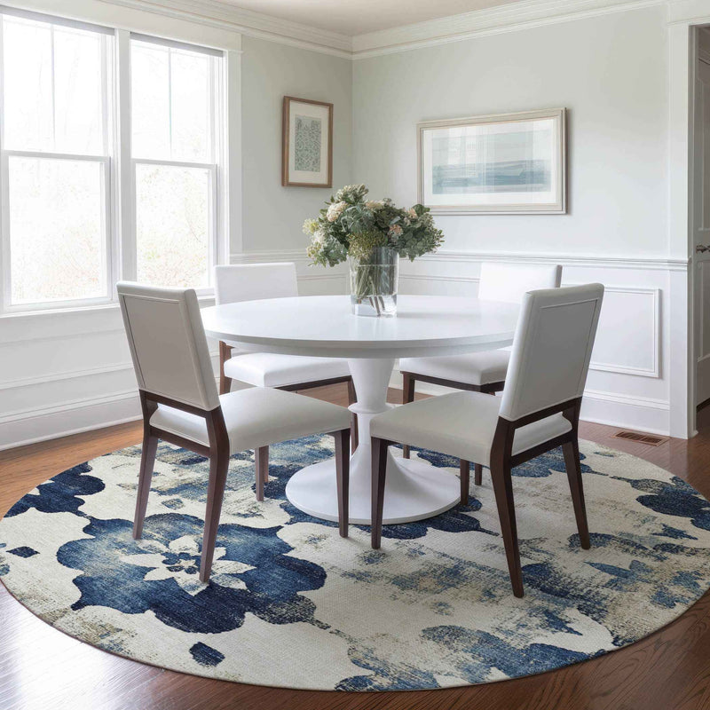 8' Navy Blue And Ivory Round Floral Washable Indoor Outdoor Area Rug