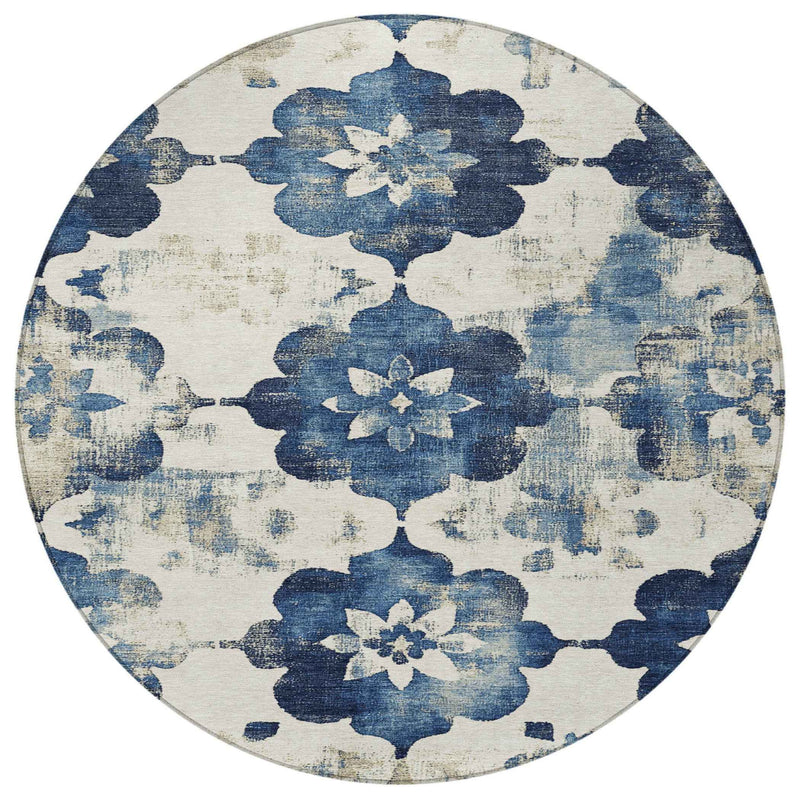 8' Navy Blue And Ivory Round Floral Washable Indoor Outdoor Area Rug