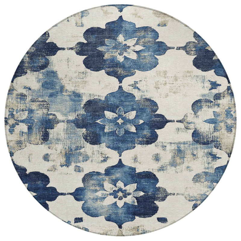 8' Navy Blue And Ivory Round Floral Washable Indoor Outdoor Area Rug