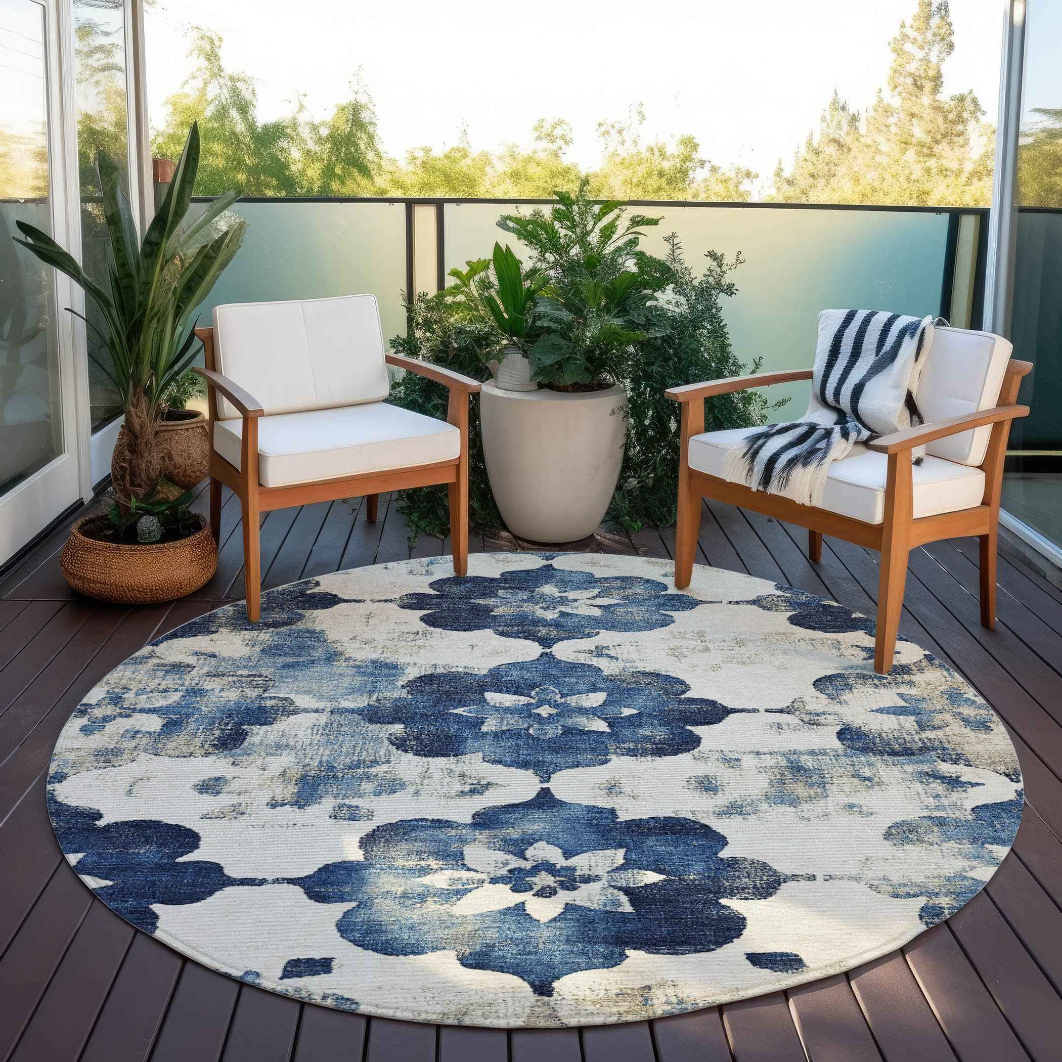 8' Navy Blue And Ivory Round Floral Washable Indoor Outdoor Area Rug
